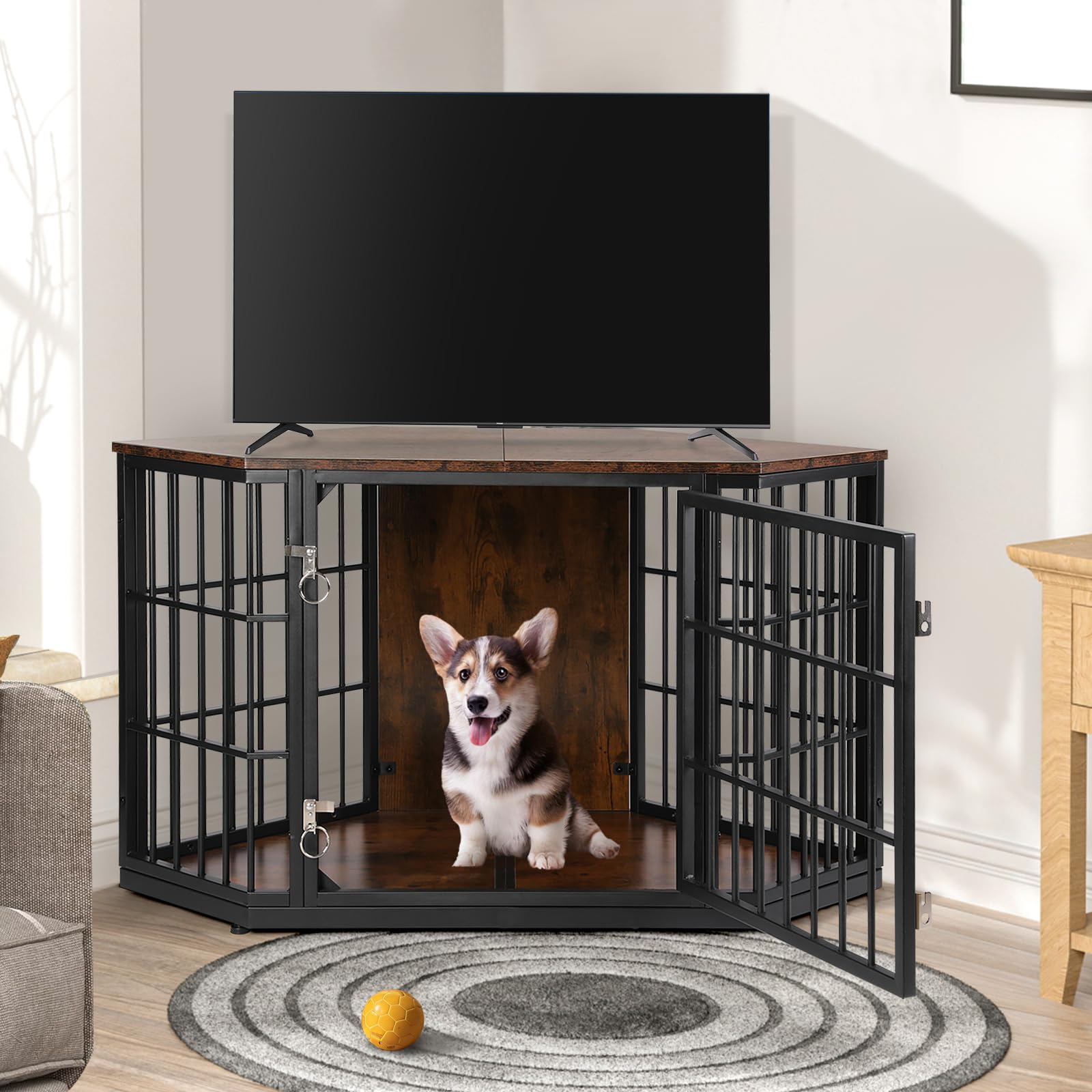 VOWNER 47 Inch Wooden Dog Crate Furniture - Corner Kennel End Table for Medium Dogs | Indoor Pet Crate with Wide Top | Space-Saving Design for Small Rooms | Perfect for Living Room, Bedroom or Office (Brown)
