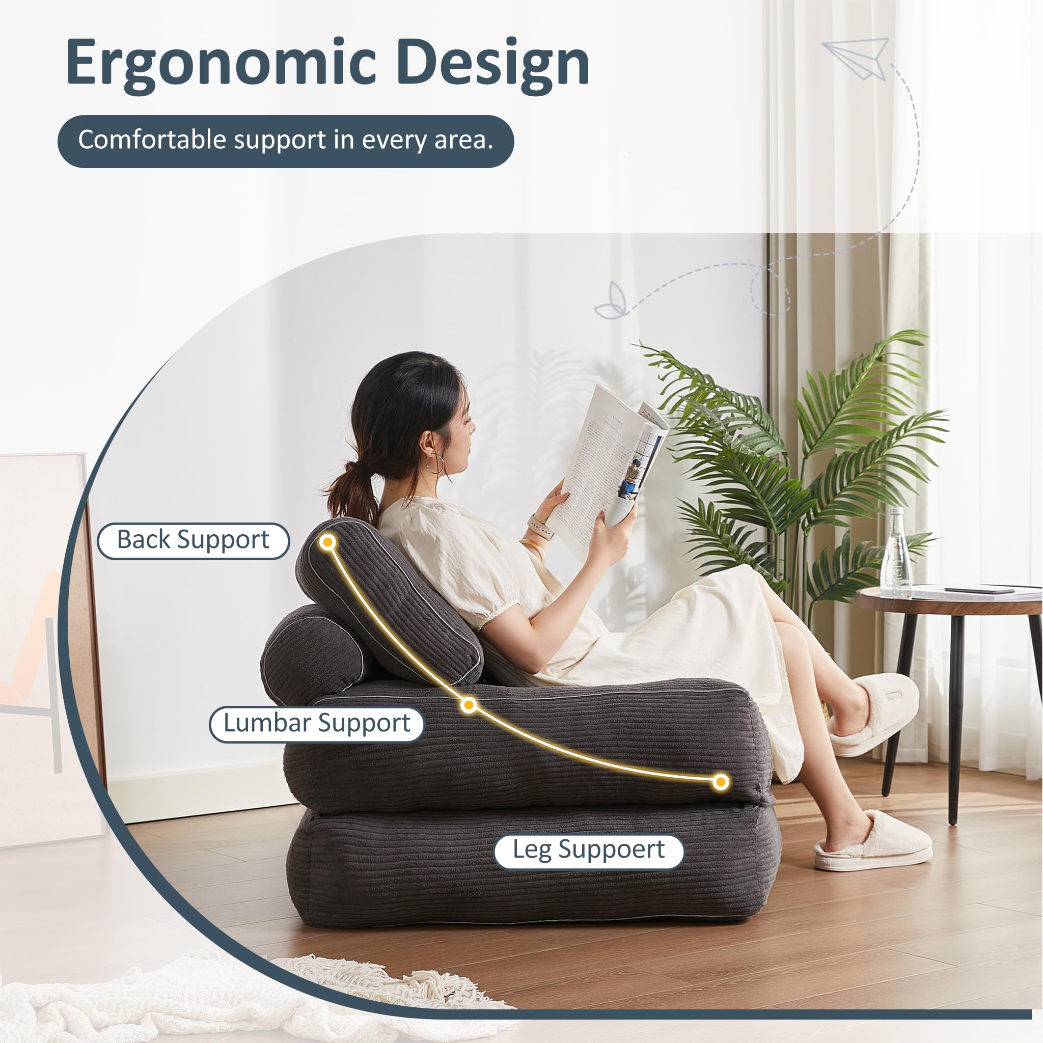 Convertible Folding Chair Bed - Multi-Functional Futon Sofa Bed for Living Room, Bedroom & Small Spaces - Grey Floor Couch for Adults - Perfect for Guest Sleeping, Lounging & Space Saving