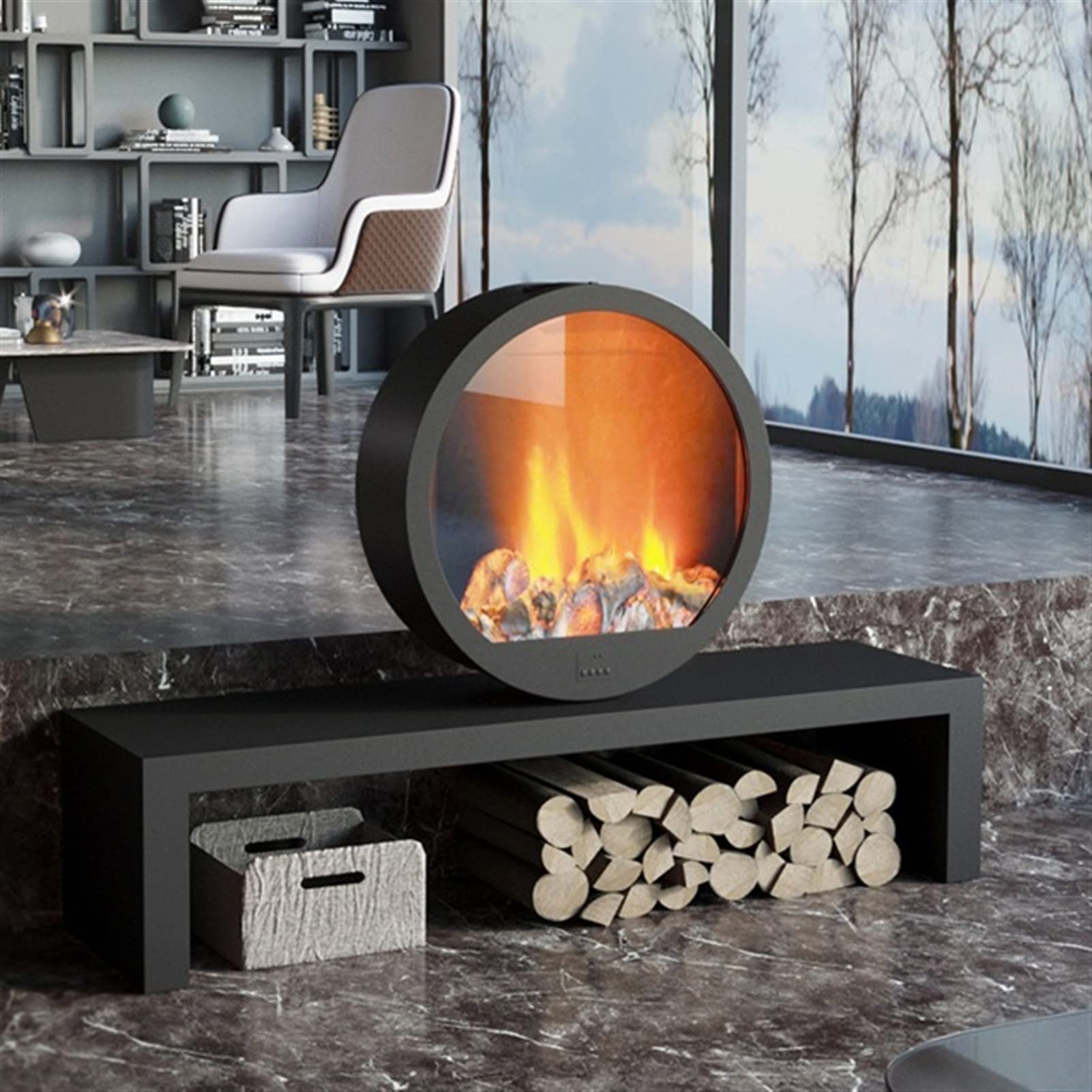 Realistic LED Flame Electric Fireplace - Round Steel Noiseless Decorative Fireplace with 3D Steam Effect (No Heat Function) - Perfect for Living Room, Bedroom & Office Ambiance