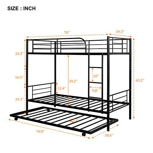 KLMM Twin Over Twin Metal Bunk Bed with Trundle - Heavy Duty Steel Frame, Convertible to 2 Separate Beds, Guardrails & Ladder Included - No Box Spring Required (Black) | Perfect for Kids' Bedrooms, Guest Rooms & Small Spaces