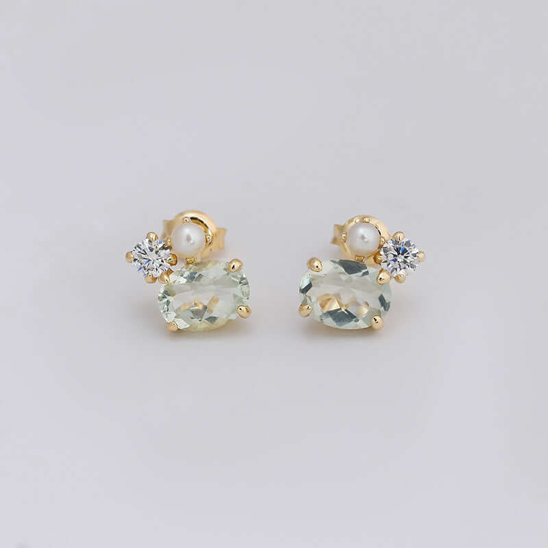 Elegant Green Amethyst and Pearl Stud Earrings for Women | Dainty Gemstone Jewelry Gift | Perfect for Weddings, Parties & Everyday Wear | TB2396
