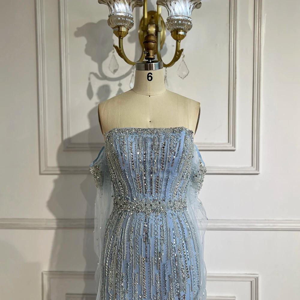 Elegant Light Blue Pearls Luxury Dubai Evening Dress - Strapless Gown LA71950 for Prom, Wedding, and Formal Events
