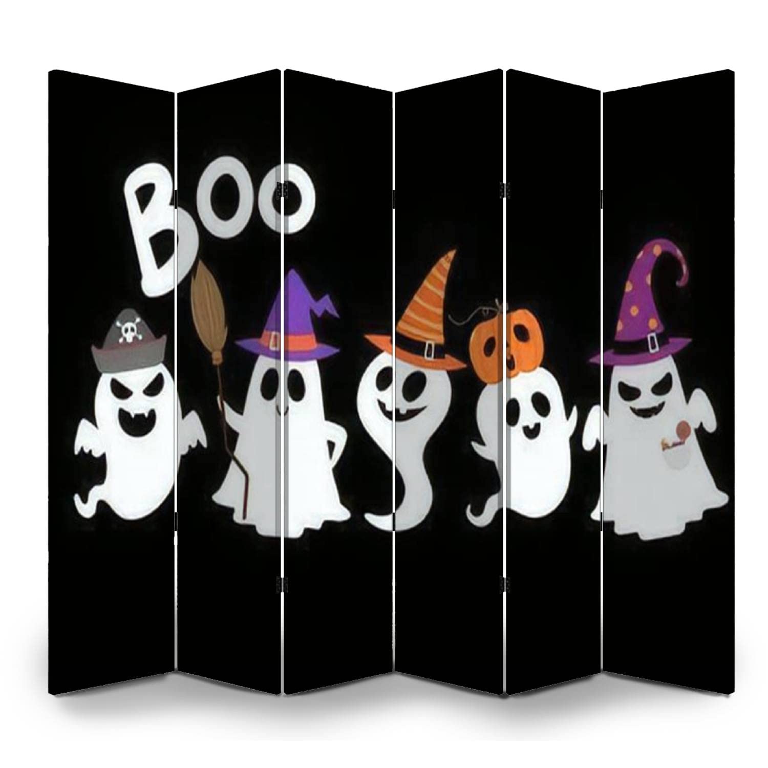6 Panel Folding Privacy Screen - Halloween Party Decorative Room Divider with Cute Ghost & Fancy Hat Design - Office Partition, Home Decor, Bathroom Screen for Indoor Space Separation