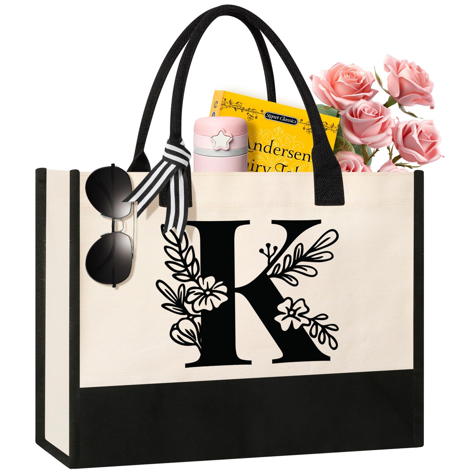 Personalized Initial Canvas Tote Bag - Custom Monogrammed Gift for Women, Mom, Teachers, Nurses, Best Friends & Bridesmaids - Perfect for Birthday, Wedding, Beach & Holiday - Great for Shopping, Work, Travel & Everyday Use (Letter K)