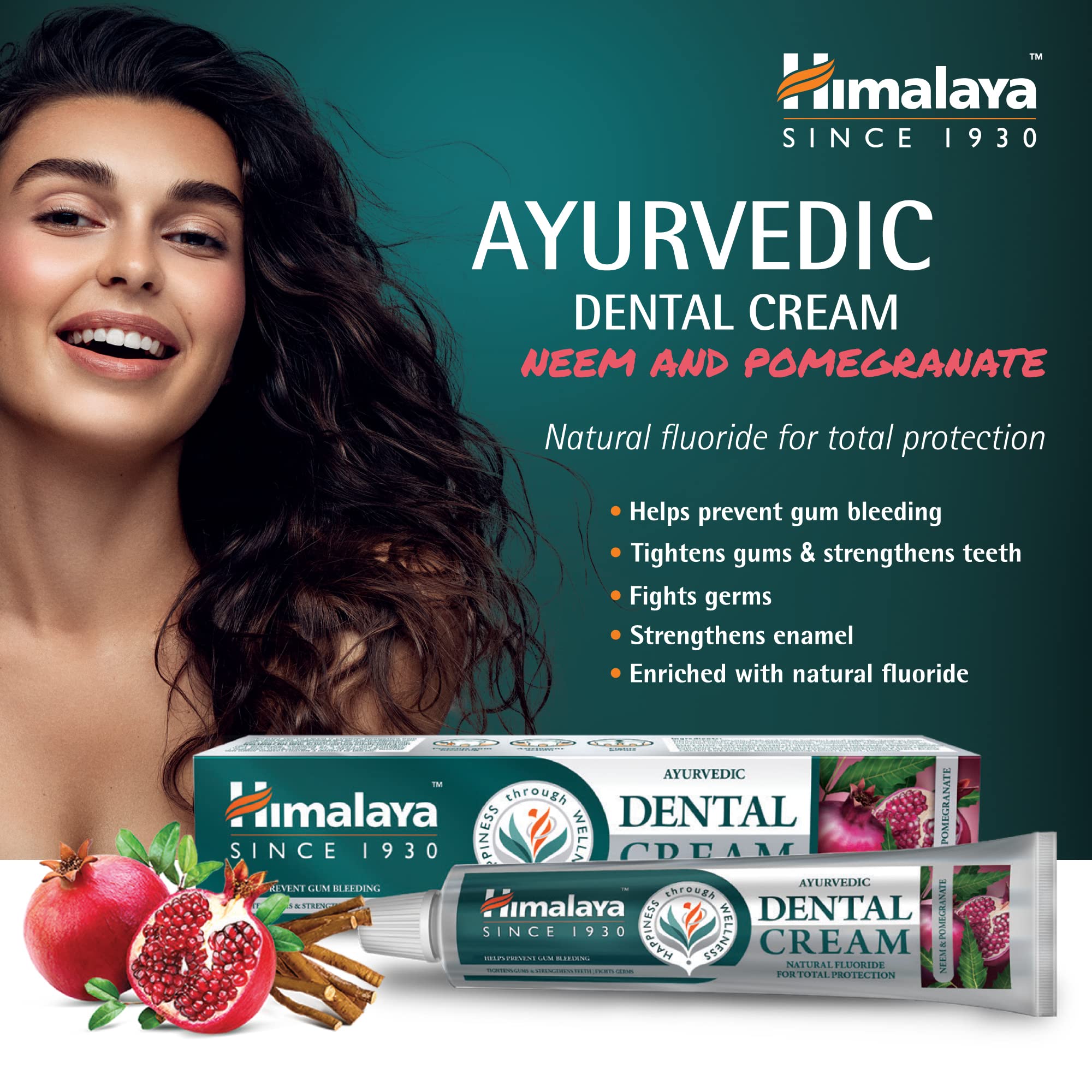 Himalaya Ayurvedic Neem & Pomegranate Herbal Toothpaste - 100g Natural Fluoride Dental Cream for Teeth & Gum Protection | Fights Plaque, Strengthens Enamel | Ideal for Daily Oral Care & Sensitive Teeth