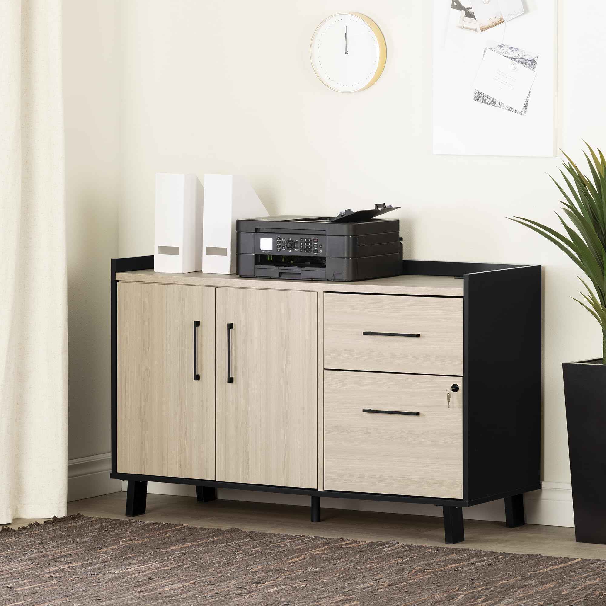 South Shore Kozack 2-Drawer Credenza with Doors in Soft Elm & Matte Black - Stylish Storage Solution for Home Office, Living Room or Bedroom