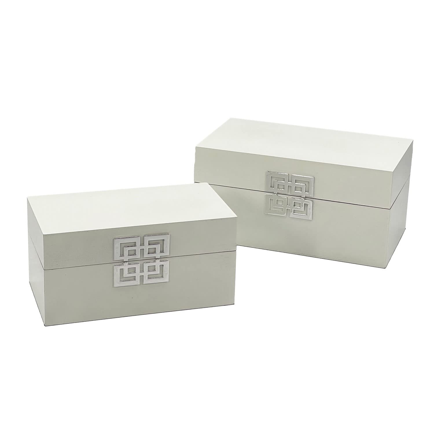 Galt International Wooden Decorative Storage Box Set with Hinged Lid & Geometric Clasp - Classic Home Decor Organizer for Bedroom, Living Room & Office - Set of 2 (White & Silver) - Perfect for Jewelry, Keepsakes & Home Organization