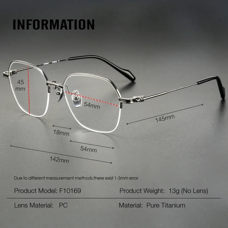 Aror Unisex Semi-Rimmed Square Polygon Titanium Eyeglasses Frame 10169 - Lightweight Durable Glasses for Work, Reading & Fashion