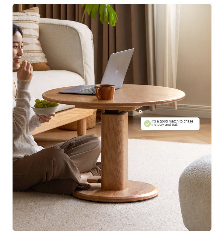 Solid Oak Lift-Top Round Coffee Table - Rustic Wooden Living Room Furniture for Small Spaces, Home Decor & Storage Solutions