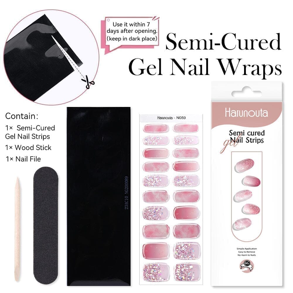 20 Tips Pink Sequins Semi Cured Gel Nail Strips - Long Lasting DIY Nail Art Kit for Women - Perfect for Parties, Weddings & Special Occasions