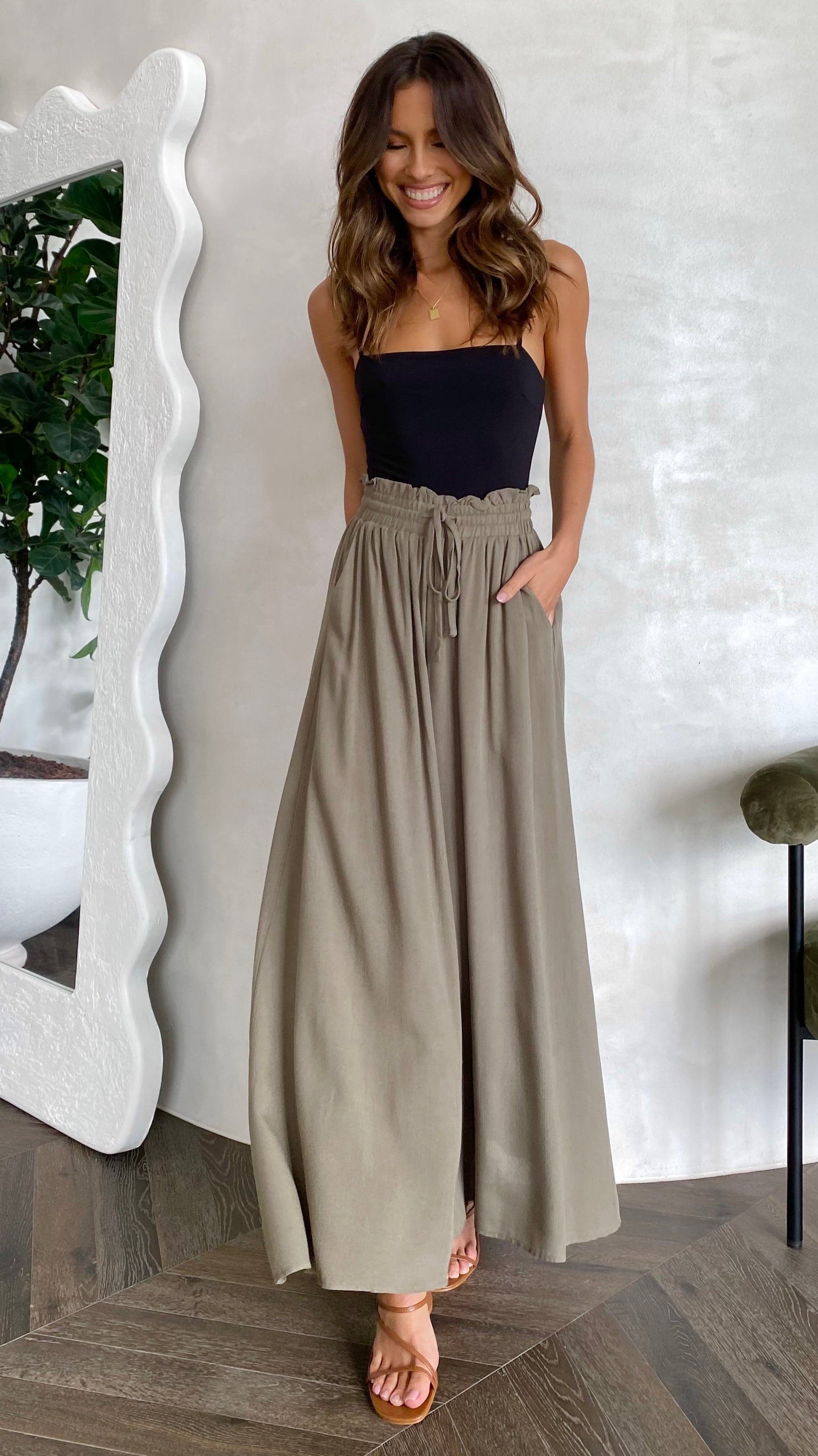 Avery Wide Leg Pants for Women - Comfortable High Waisted Linen Trousers in Khaki | Perfect for Casual Wear, Office & Summer Outfits