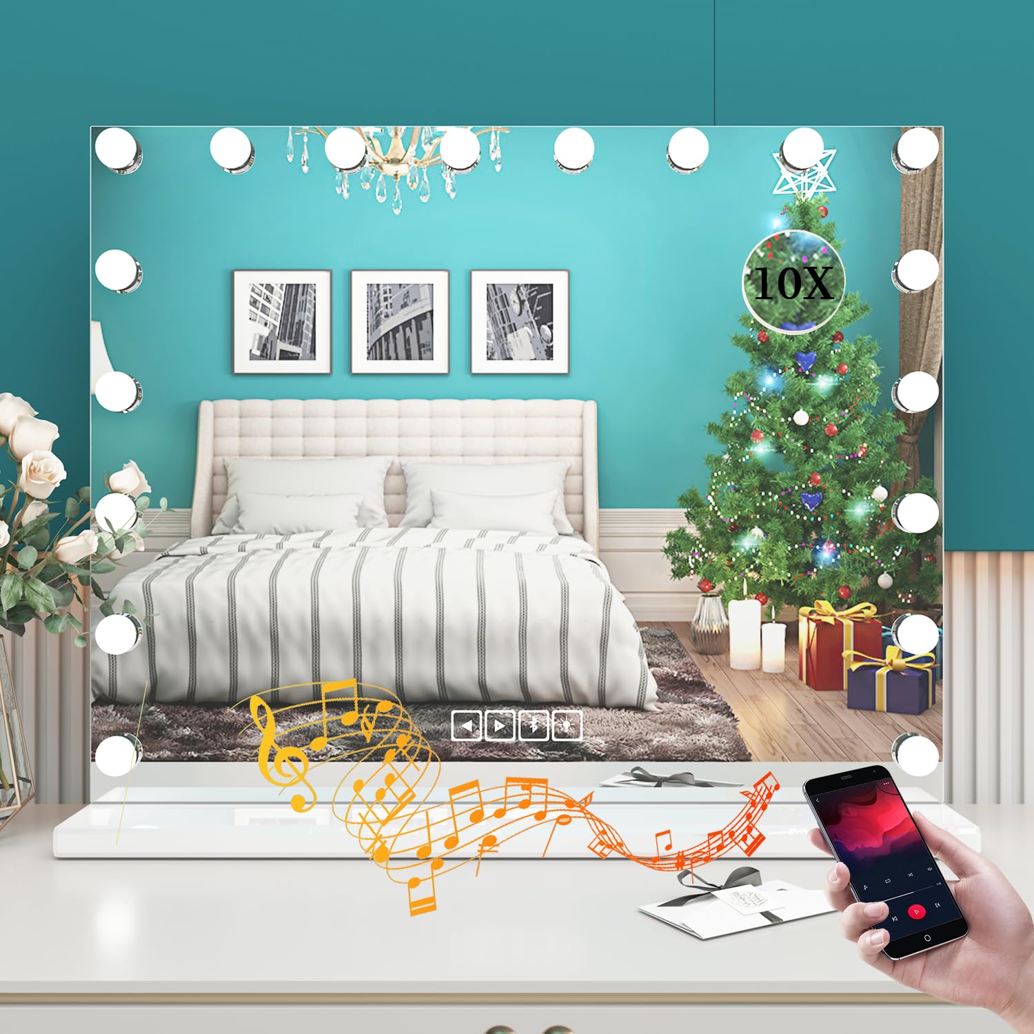 Manocorro Vanity Mirror with Bluetooth Speaker, LED Lights & USB Port - 31.5x22.8 Inch Tabletop/Wall Mount Makeup Mirror for Bedroom, Bathroom & Dressing Room