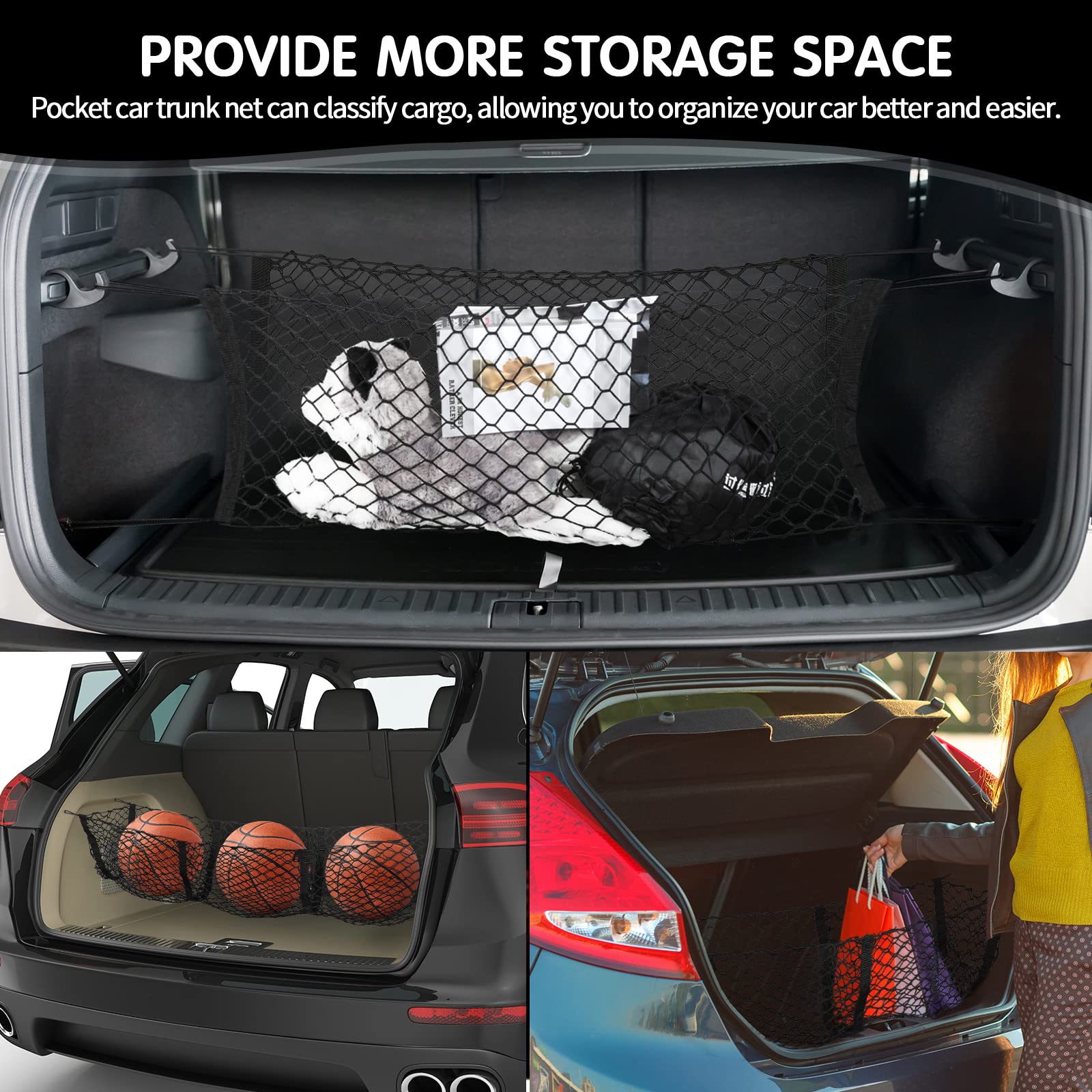 Tallew 3-Pocket Stretchable Cargo Net Trunk Organizer with Hooks & Buttonholes - Black Mesh Grocery Storage Bag for Pickup Trucks & SUV Beds (43.3 x 15.7 Inches) - Perfect for Road Trips, Camping & Daily Errands