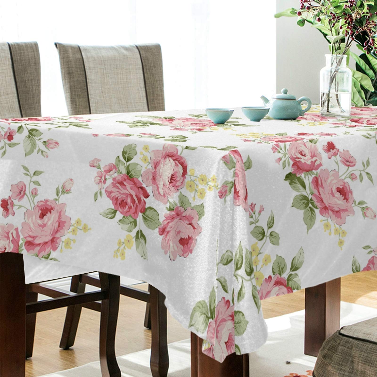 ALAZA Pink Rose Floral Tablecloth 60 x 90 Inch - Wrinkle Resistant Rectangle Table Cover for Dining, Kitchen, Parties & Events - Perfect for Wedding Decor, Tea Party, and Home Decor