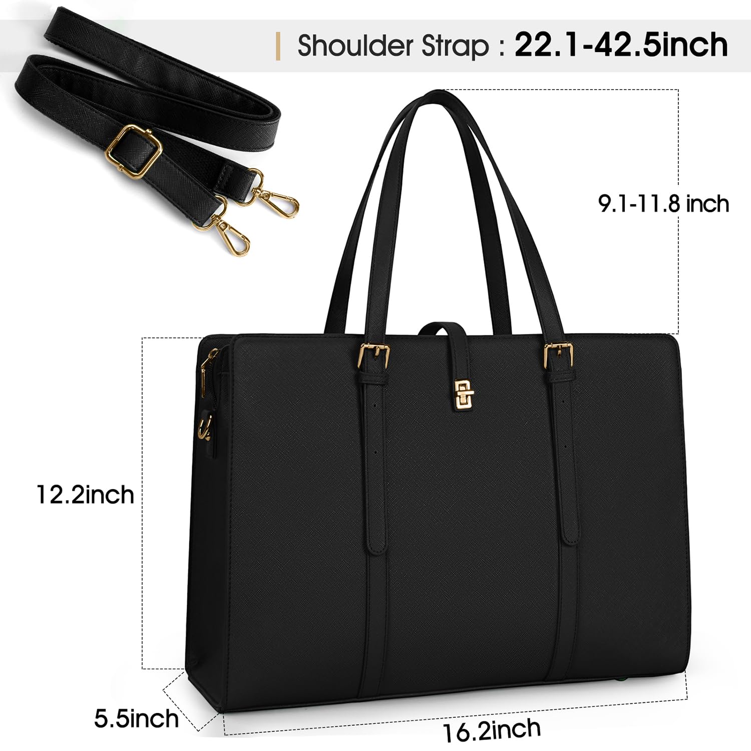 15.6 Inch Leather Laptop Tote Bag for Women - Waterproof Lightweight Professional Business Office Shoulder Bag - Large Travel Handbag for Work, Commute, and Meetings - Black