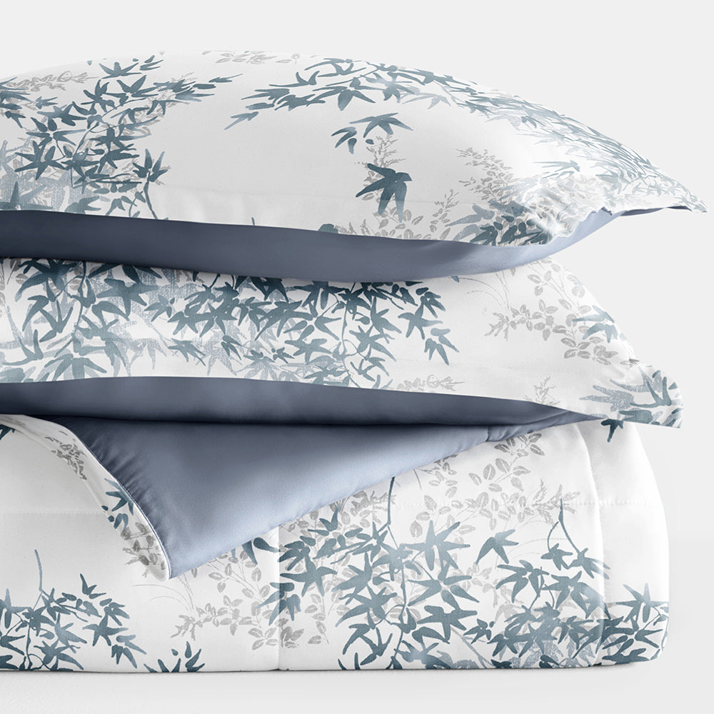 Bamboo Leaves Reversible Down Alternative Comforter Set - Hypoallergenic & Breathable All Season Bedding - Perfect for Master Bedroom, Guest Room & Dorm Decor (Queen Size, White)