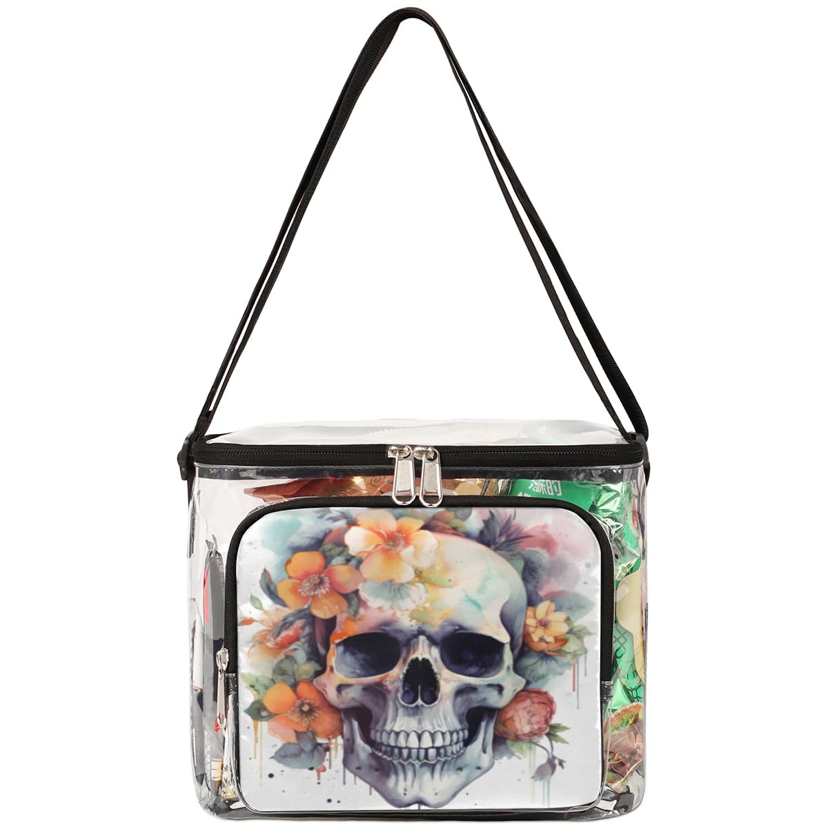 GzLeyigou Sugar Skull Flowers Clear Tote Bag with Handles - Transparent Crossbody Shoulder Bag for Lunch, Outdoor, Travel, Picnic, Concerts & Sports Events - Stadium Approved Multi-Purpose Clear Bag (Perfect for Festivals, Beach Trips and Theme Parties)