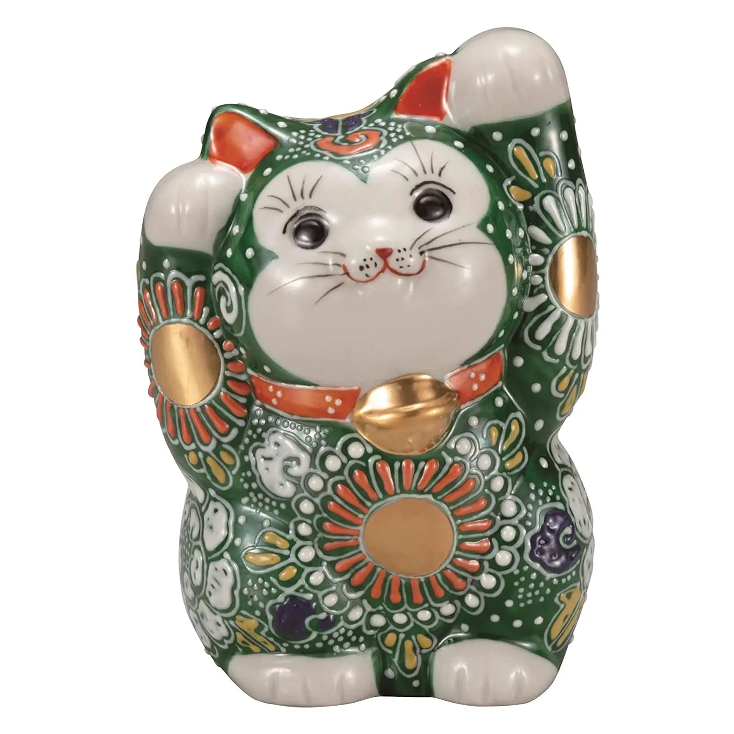 Authentic Japanese Kutani Ware Porcelain Maneki Neko Lucky Cat Figurine with Floral Design in Green - 4 Inches - Perfect for Home Decor, Office Feng Shui & Gift Giving