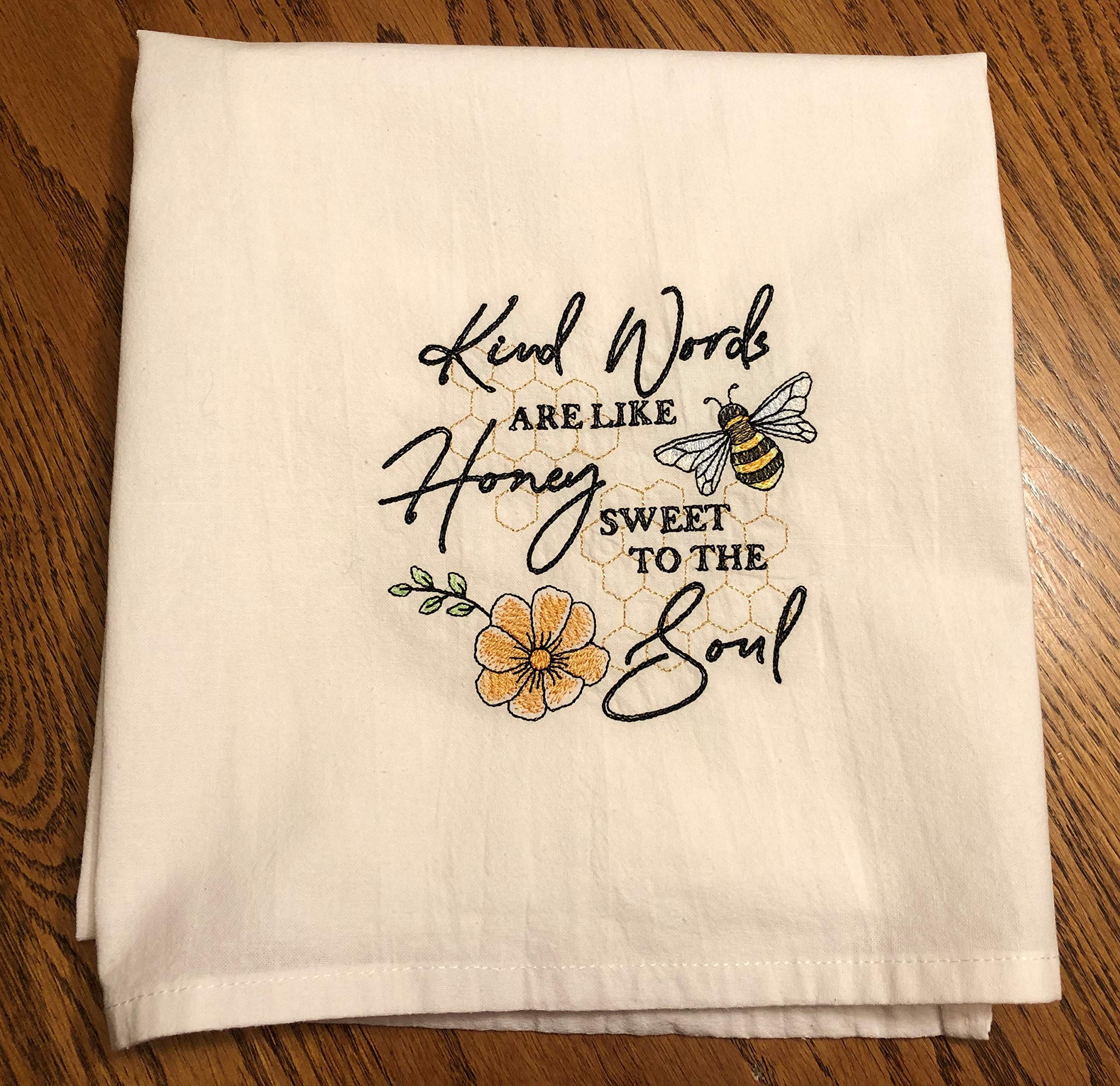 Embroidered Bee Flour Sack Tea Towel & Dish Towel - Machine Embroidery with Kind Words Like Honey - Perfect for Kitchen, Gifts & Farmhouse Decor