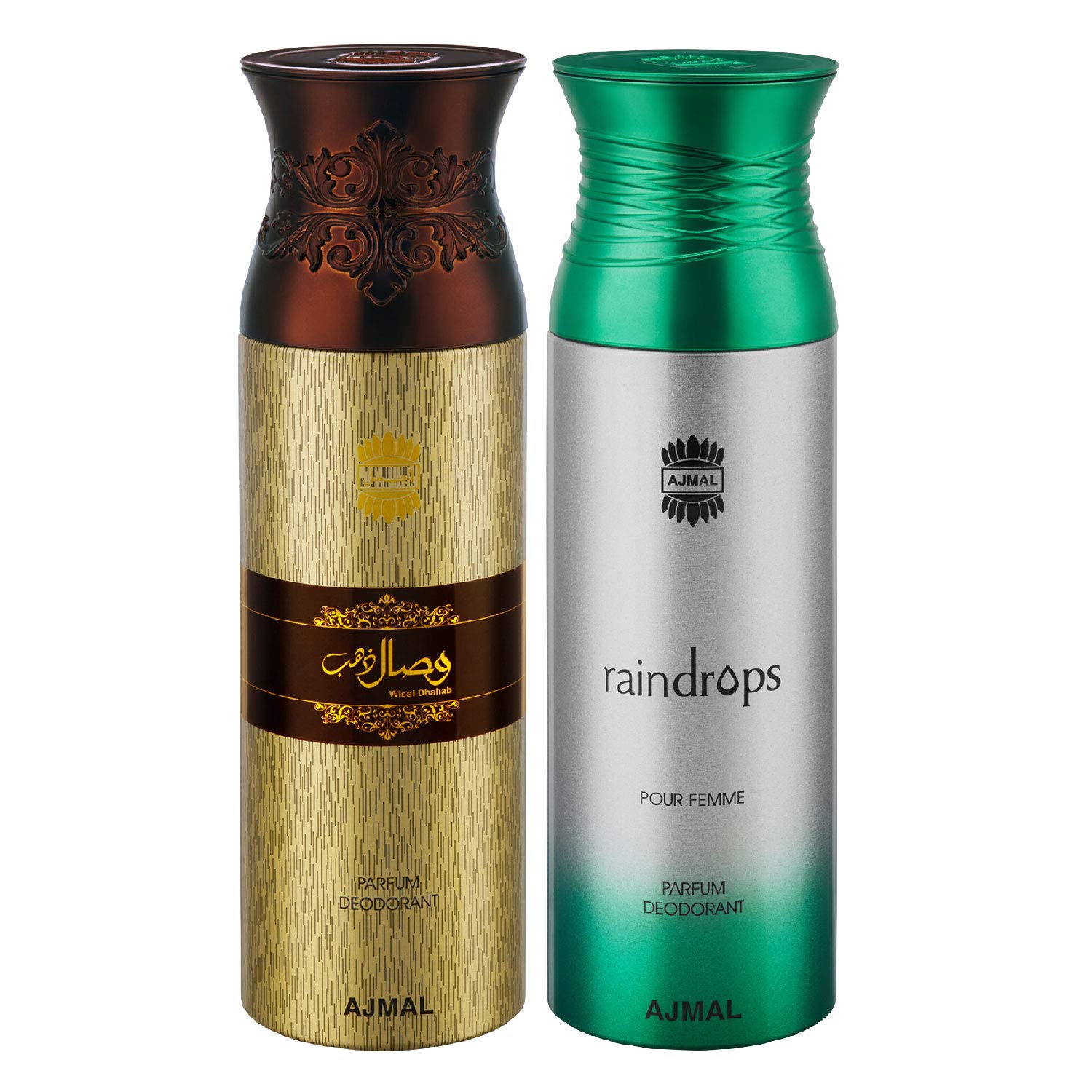 Ajmal Wisal Dhahab & Raindrops Deodorant Spray Gift Set for Men & Women - 200ml (Pack of 2) - Long-Lasting Fragrance for Daily Use, Office, Gym & Special Occasions