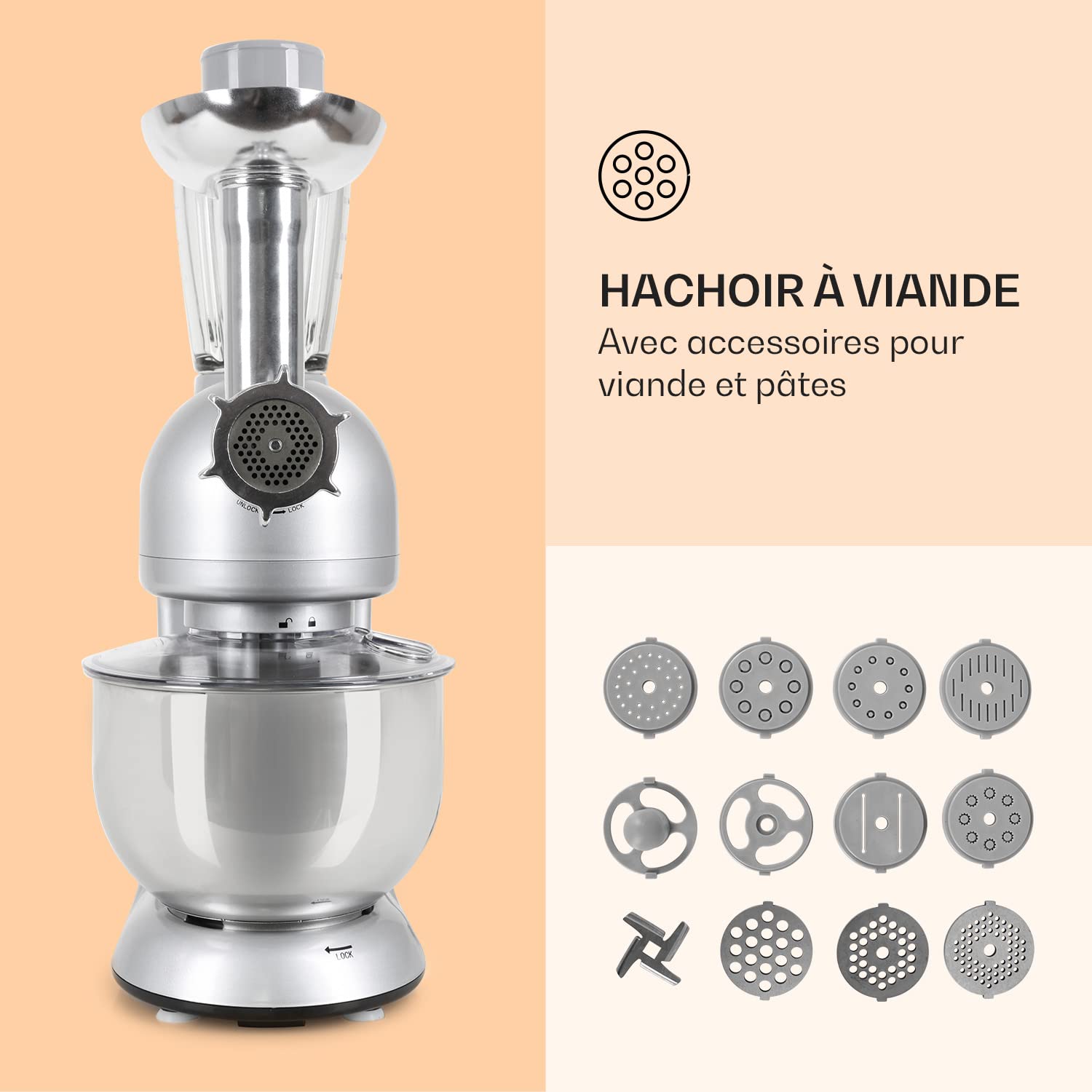 Klarstein 1800W Stand Mixer with 5L Bowl, 1.5L Blender & Meat Grinder - 6-Speed Multifunctional Kitchen Machine for Baking, Cooking & Food Prep - Perfect for Home Bakers & Professional Chefs