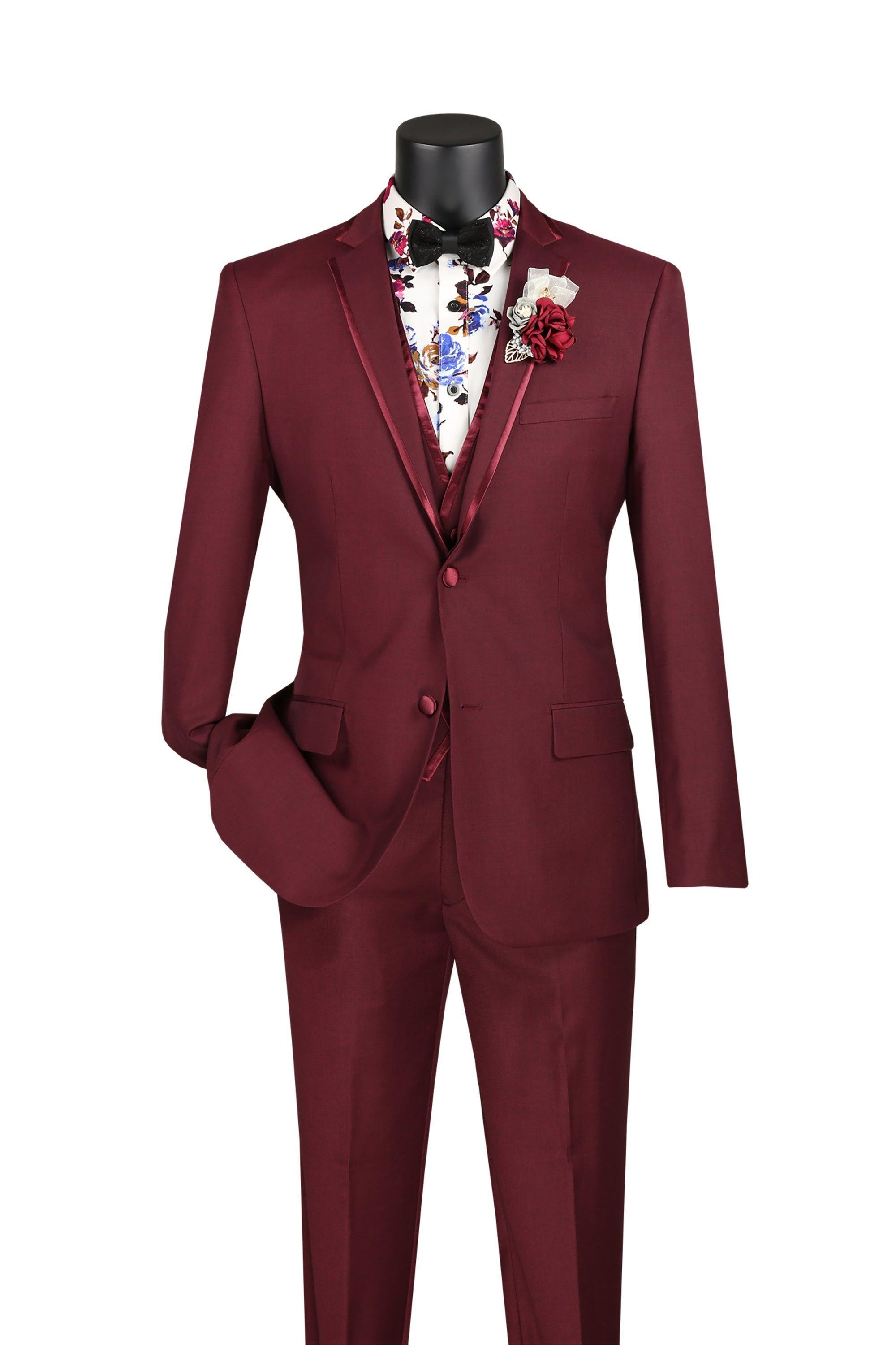 Stylish Burgundy Trimmed Lapel Slim Fit 3 Piece Suit for Men | Formal Business Attire & Wedding Occasions