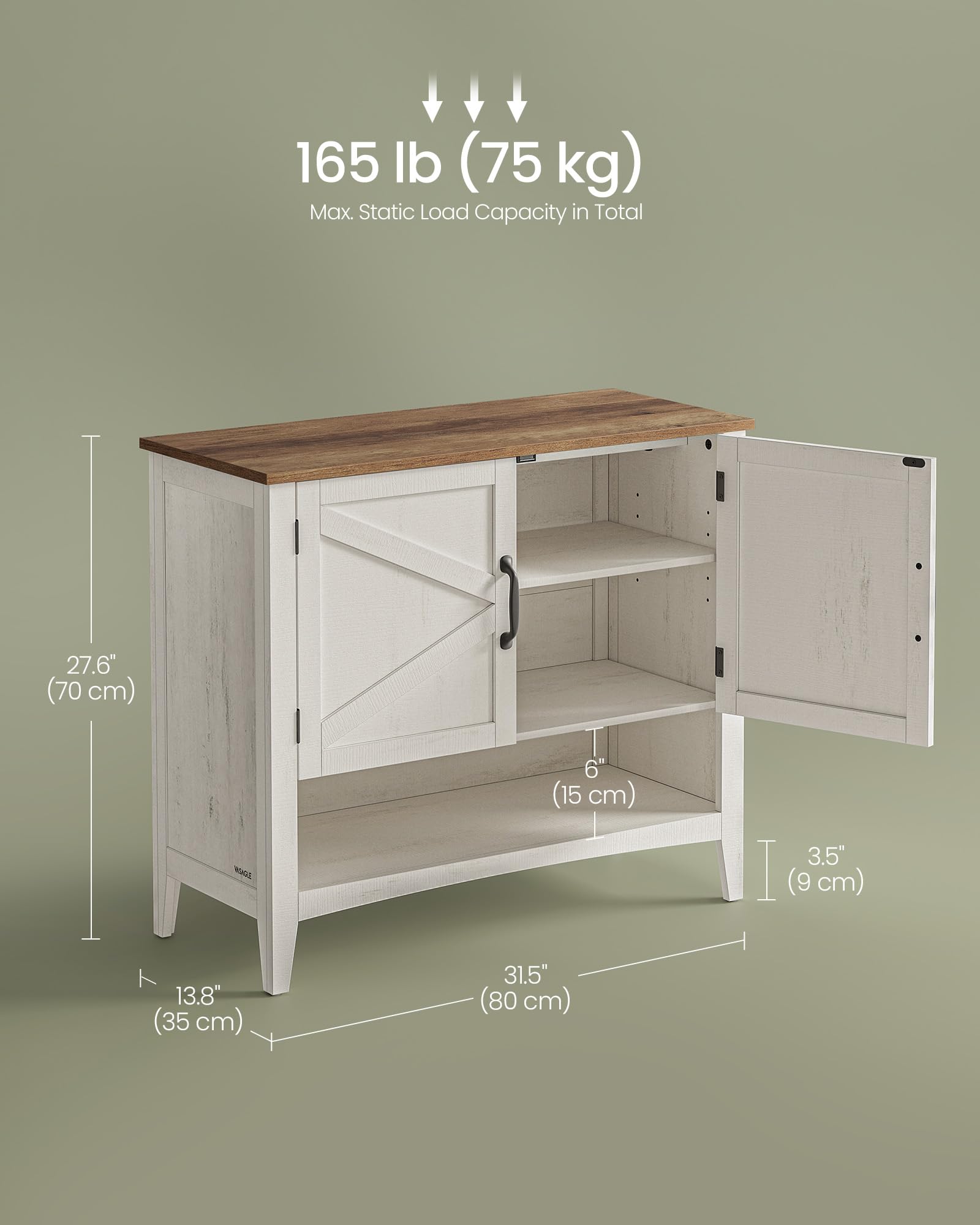 VASAGLE 3-Tier Shoe Storage Cabinet - Farmhouse Style Freestanding Organizer with Adjustable Shelves, 13.8
