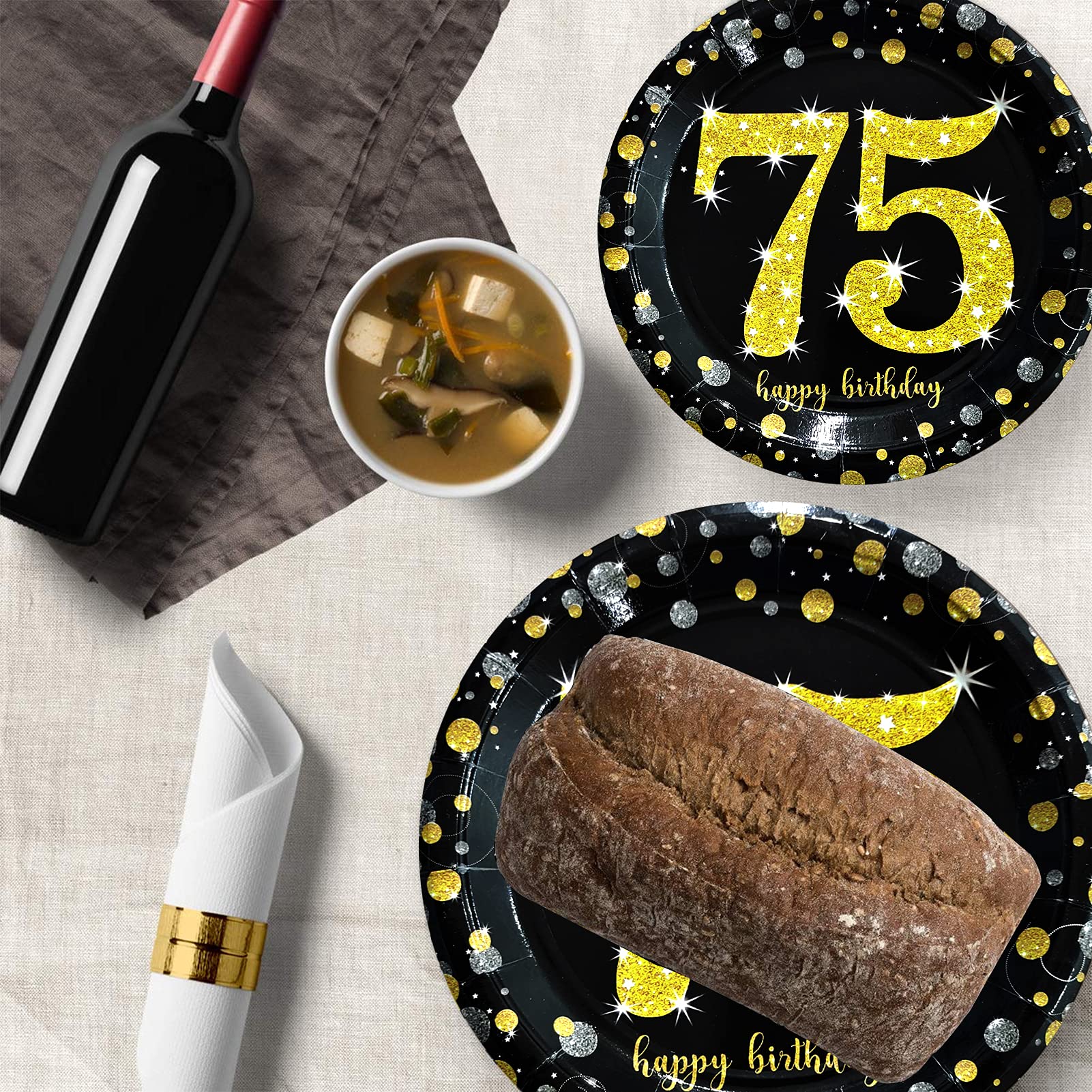 Trgowaul 75th Birthday Party Supplies Set - 24-Piece Black & Gold Disposable Tableware Kit with Plates, Napkins, Cups, Cutlery & Tablecover + Number Balloon Decorations - Perfect for Milestone Celebrations & Retirement Parties