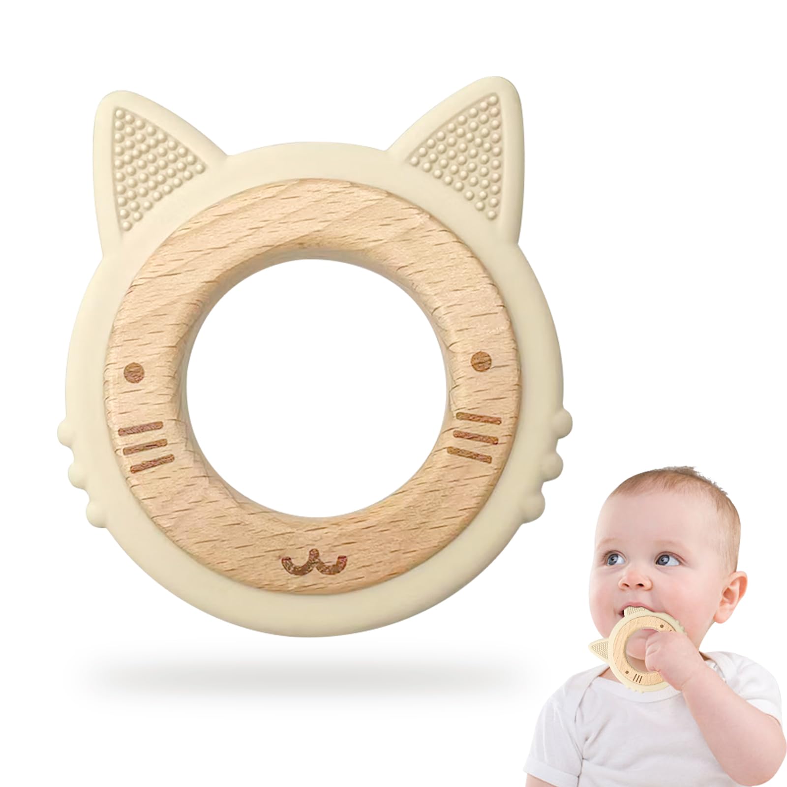 Natural Wooden Bear Silicone Teether - BPA-Free Baby Teething Toy & Grab Toy for Infants, Sustainable Wooden Gift for Newborns & Toddlers - Perfect for Soothing Sore Gums & Early Sensory Play