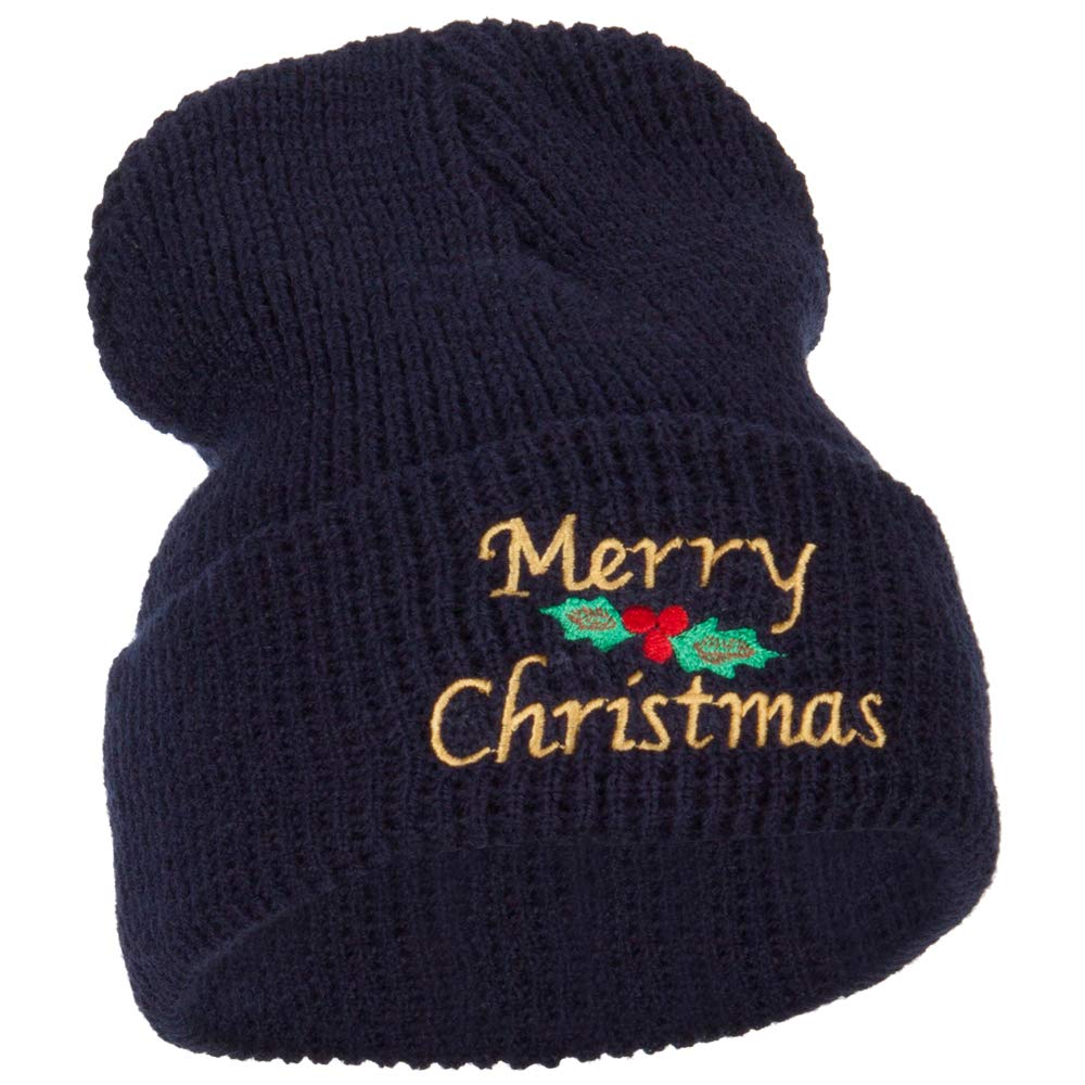 Merry Christmas Mistletoe Embroidered Stretchy Waffle Cuff Beanie Hat - Cozy Winter Knit Cap for Holiday Parties & Outdoor Activities - e4Hats.com