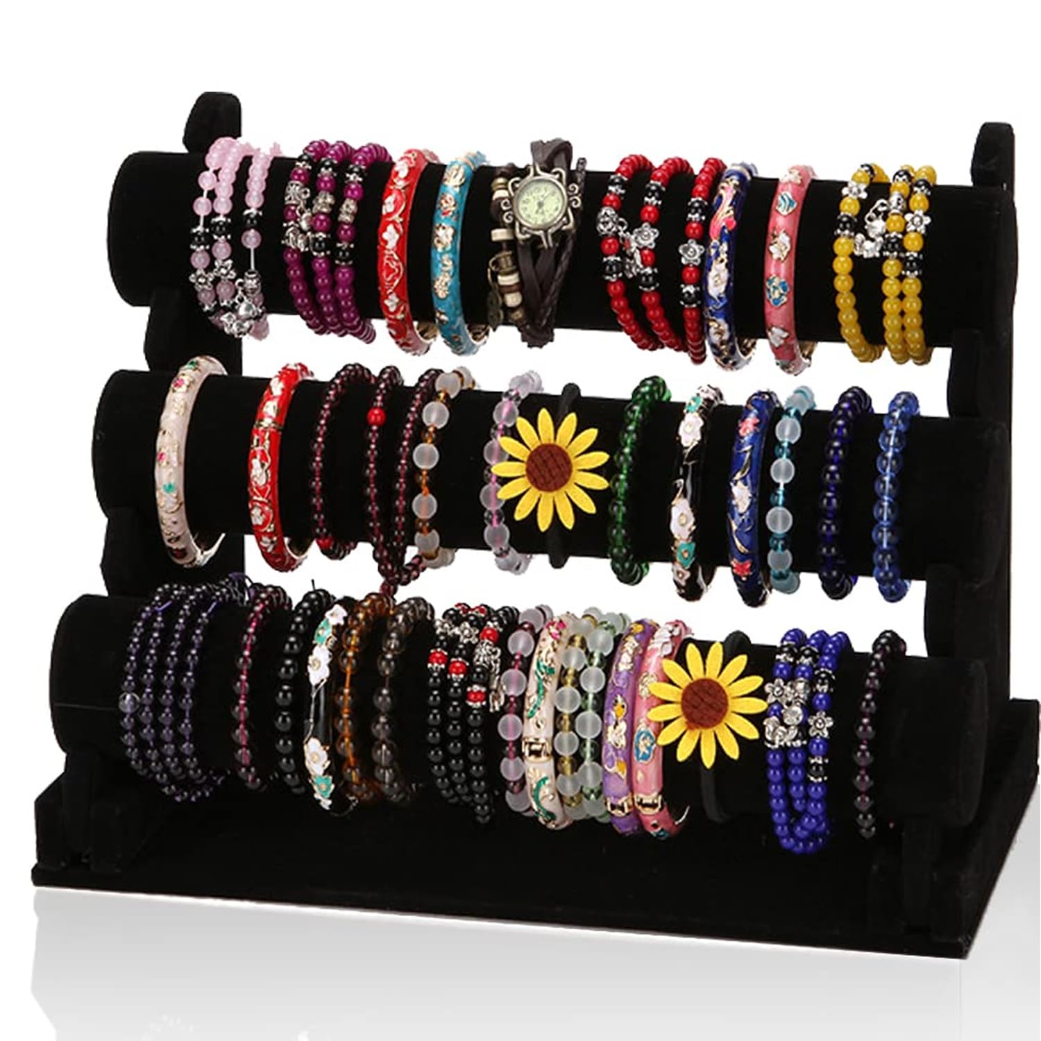 3-Tier Black Velvet Jewelry Display Stand - Forever Lover Bracelet Holder with Detachable Rack for Necklaces, Bangles, Watches & Hair Accessories | Perfect for Vendor Booths, Boutique Displays & Home Organization
