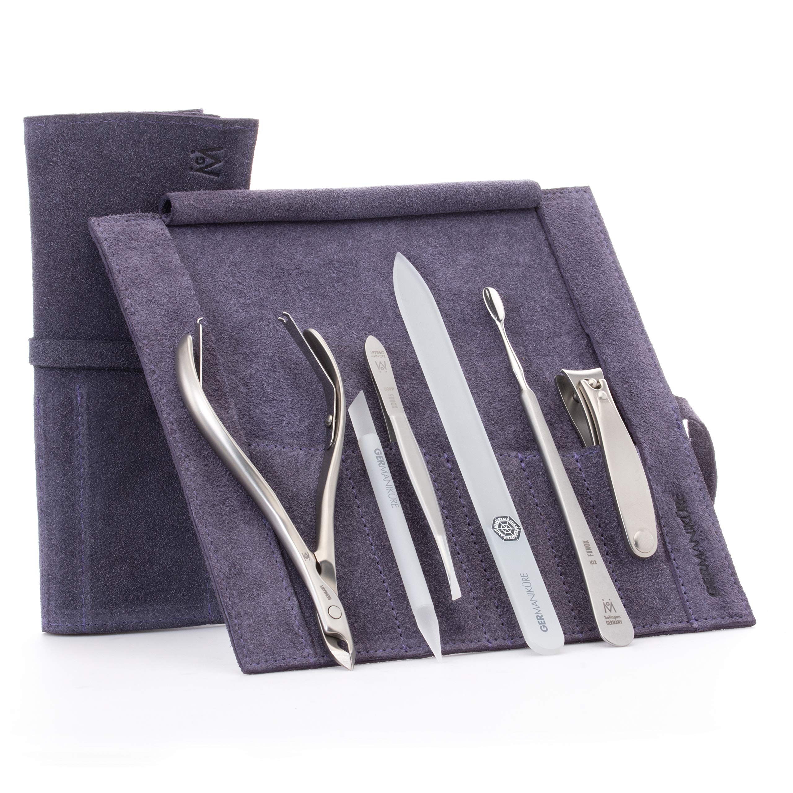 Premium GERMANIKURE 6-Piece Professional Manicure Set - Stainless Steel Cuticle & Nail Tools (Made in Germany) with Czech Glass Nail Files in Elegant Purple Suede Case - Perfect for Home Spa, Salon & Travel Nail Care