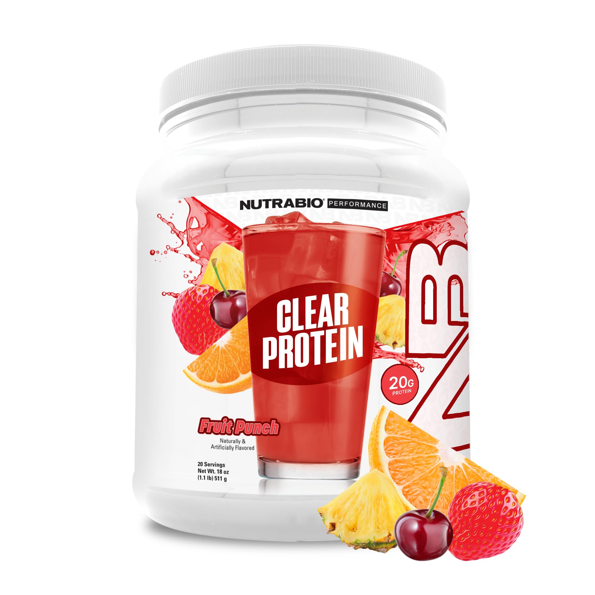 NutraBio Clear Whey Isolate Protein Powder - Fruit Punch Flavor, Zero Sugar, No Foam, 20 Servings | Refreshing Post-Workout Recovery Drink for Athletes & Fitness Enthusiasts