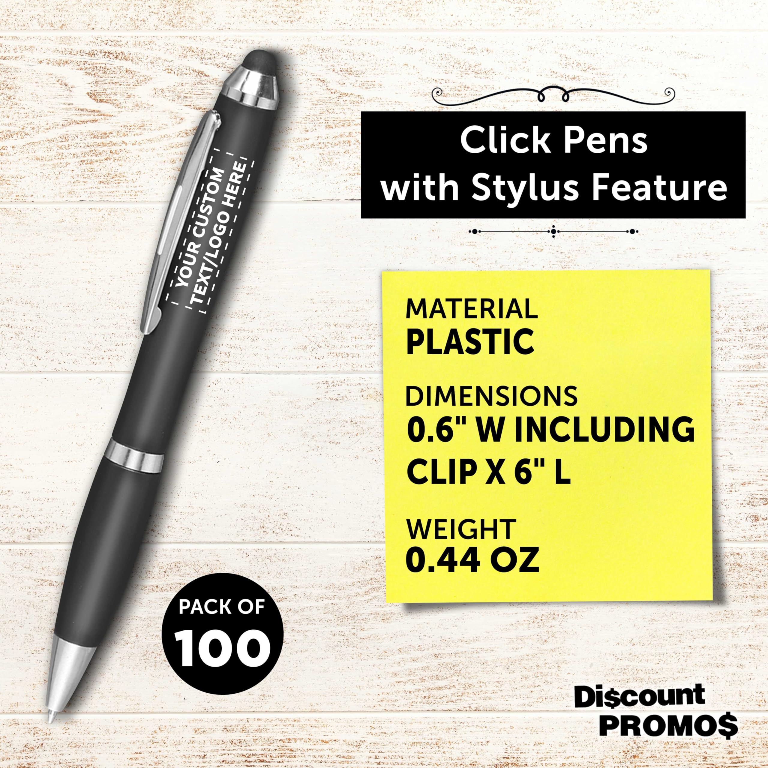 Custom Plastic Stylus Pens Bulk Pack of 100 - Personalized Black Ink Stylus for Touchscreens - Perfect for Office, School, Business, Tradeshows & Events - Great for Tablets, iPads, Smartphones & Digital Signatures