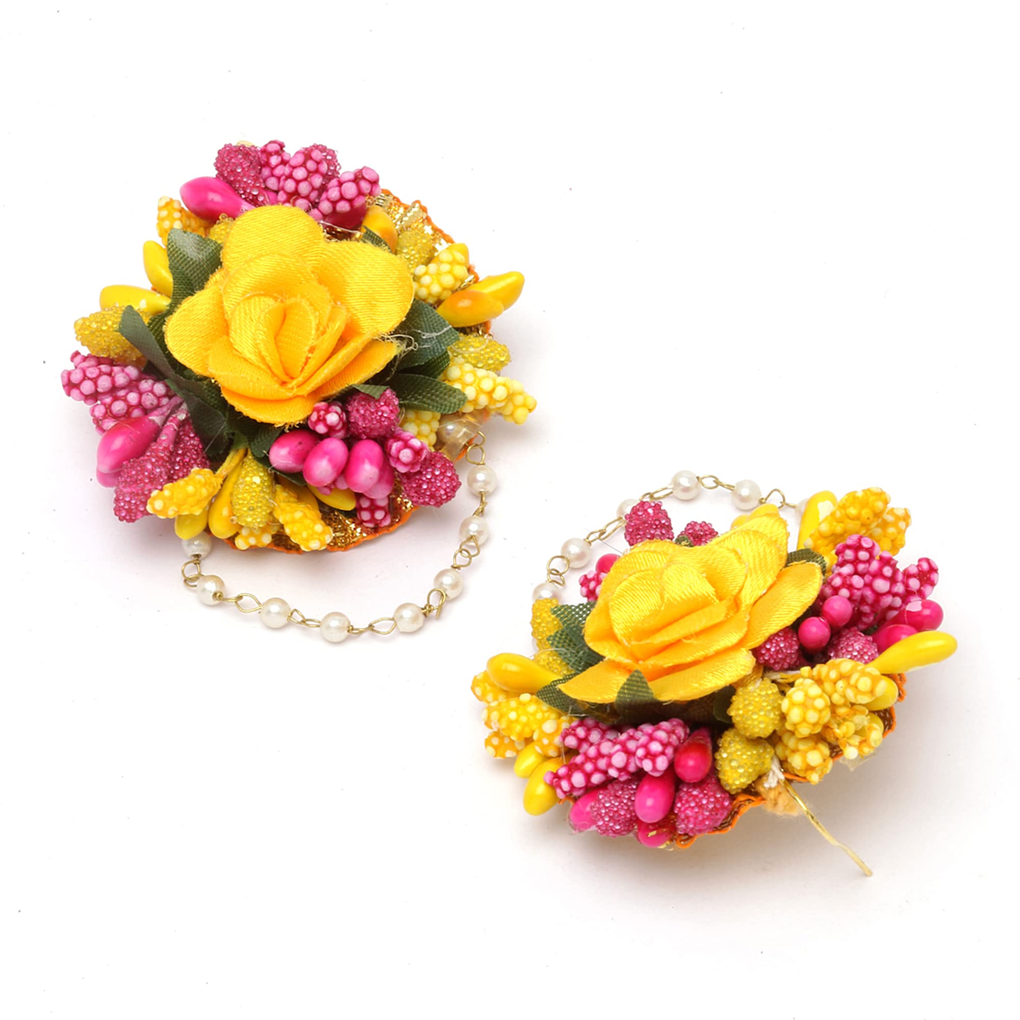 Gold-Plated Pearl & Gota Patti Flower Haldi Mehendi Maang Tikka with Earrings Set - Indian Bridal Jewelry for Wedding, Haldi Ceremony & Mehendi Function