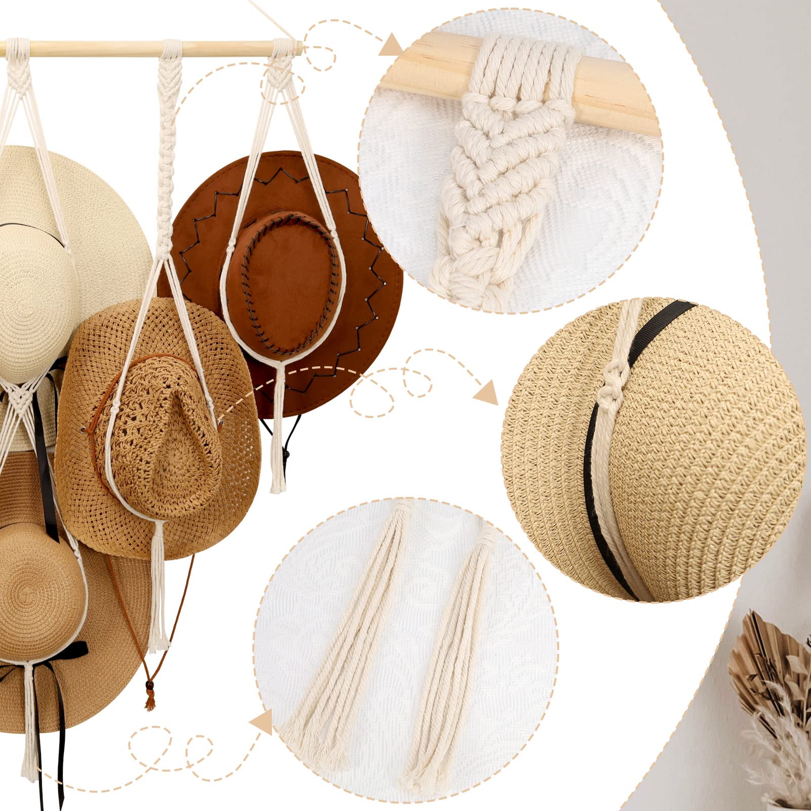 Boho Macrame Hat Hangers for Wall - Decorative Hat Rack Organizer for Wide Brim Hats, Sun Hats & Cowboy Hats - Perfect for Bedroom, Closet & Entryway Storage