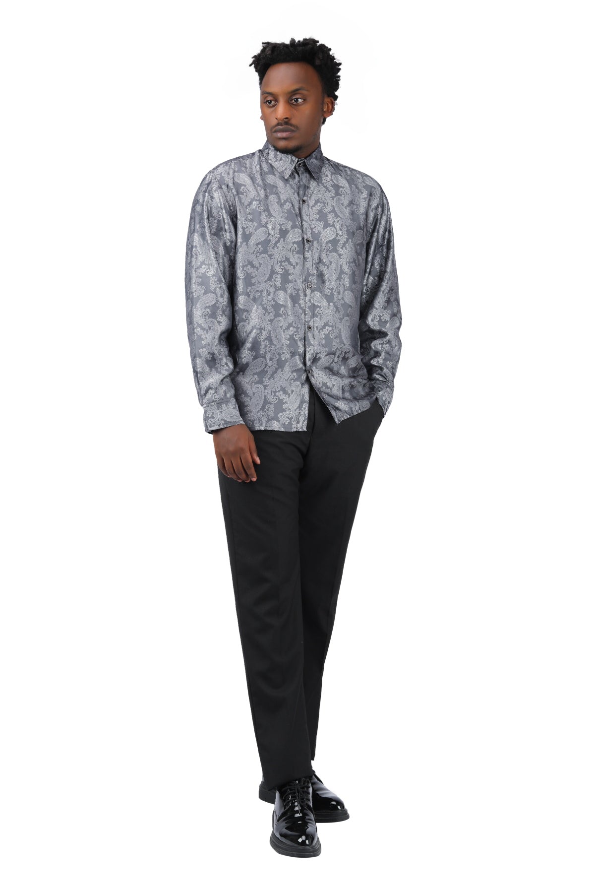 Slim Fit Embroidered Grey Paisley Shirt for Men - Stylish Casual Button Down Shirt for Office, Party & Date Night Outfits