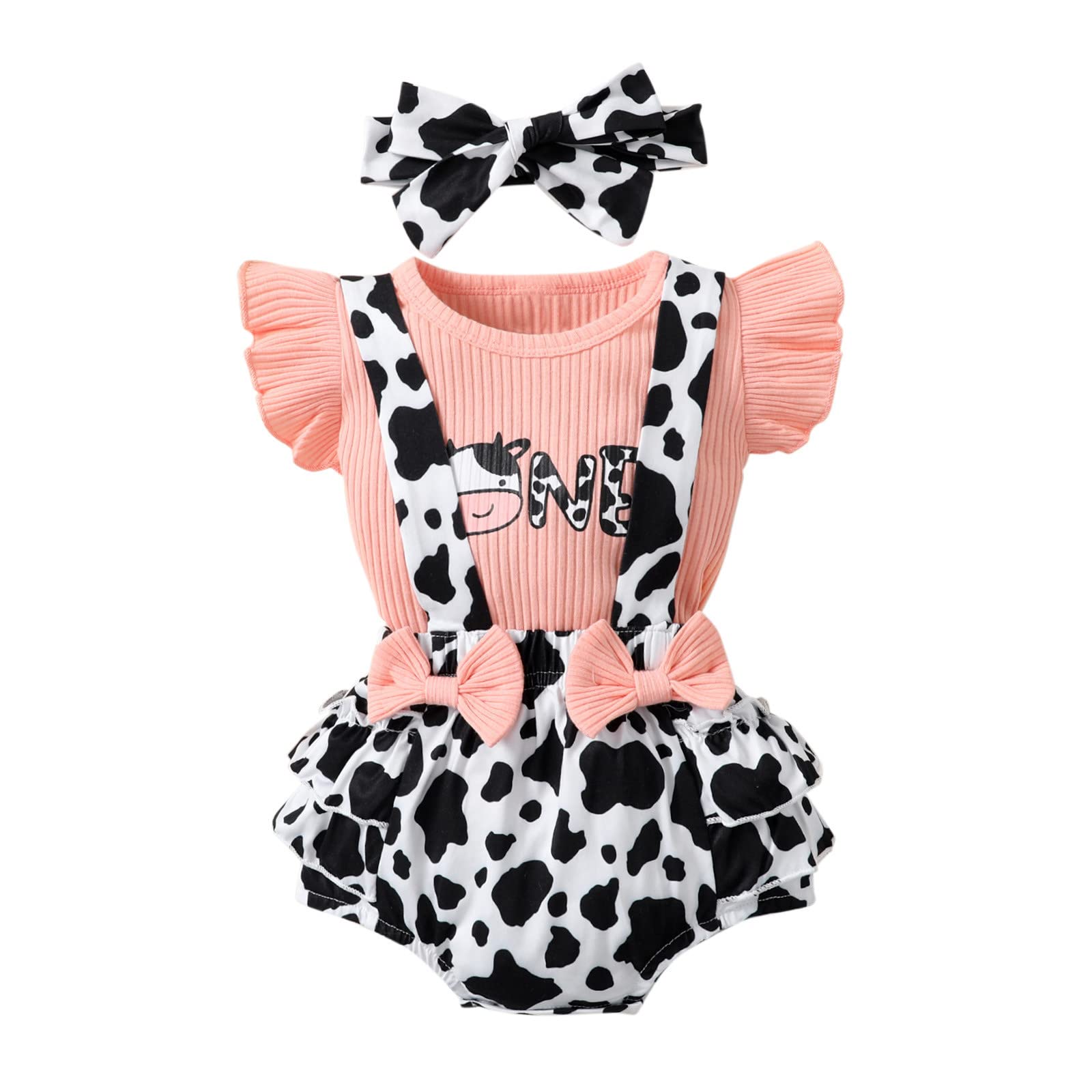 Toddler Girls' Ruffled Sleeve Cartoon Cow Print Ribbed T-Shirt & Bowknot Suspenders Shorts Set with Headband - Cute Outfit for Playdates, Birthday Parties & Photo Shoots