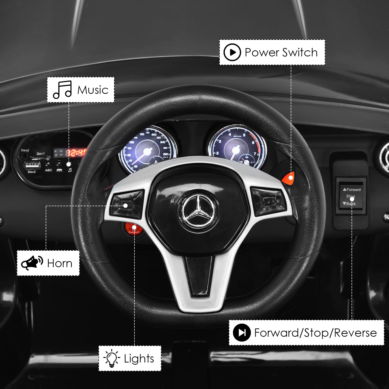 OLAKIDS 12V Licensed Mercedes Benz GLA45 Electric Ride On Car for Kids - Remote Control Battery Powered Toy with Music, USB, MP3, 2 Speeds, Wheels Suspension & LED Lights - Perfect for Indoor & Outdoor Play (Black)