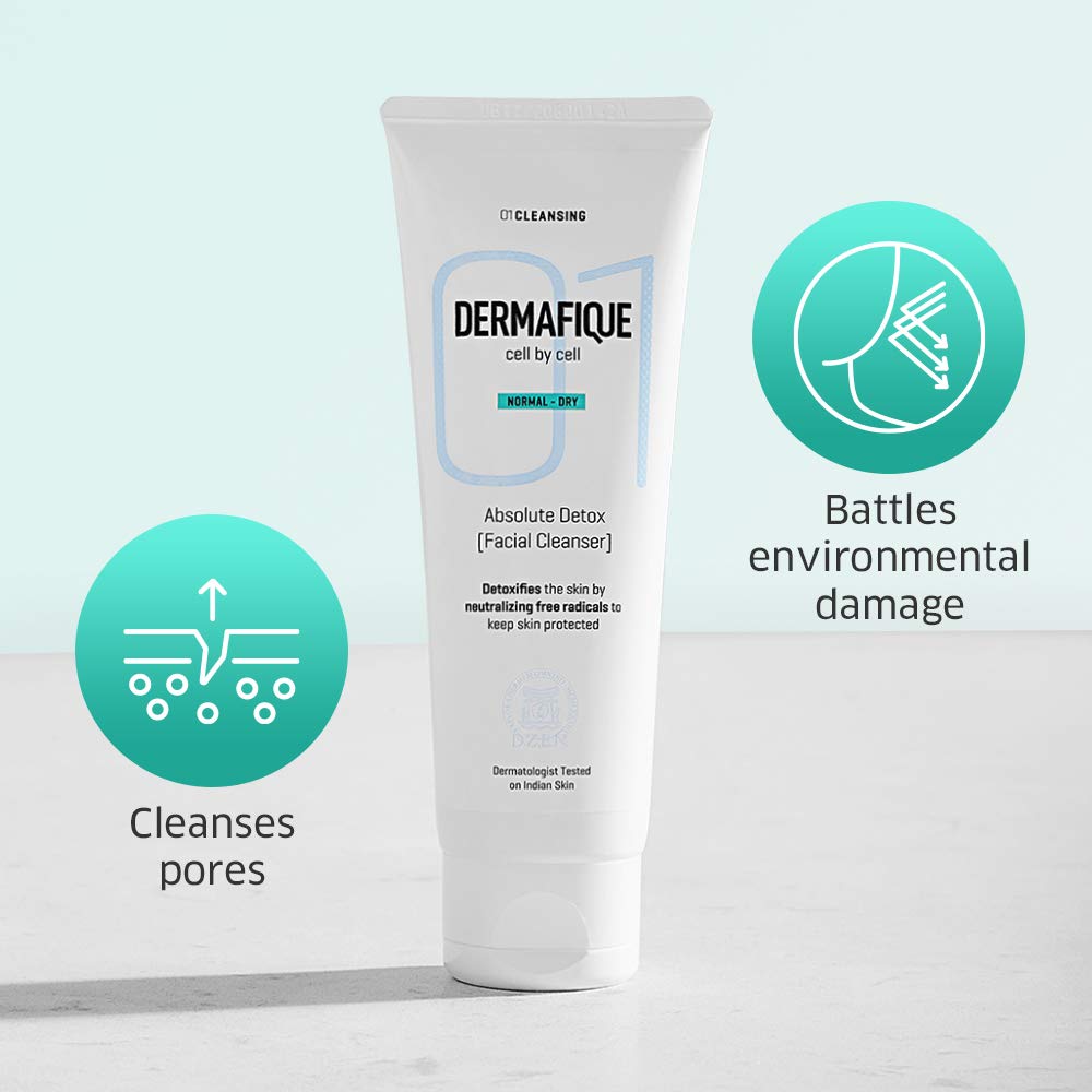 Dermafique Absolute Detox Facial Cleanser 100ml - Vitamin E & Pomegranate Face Wash with Bio-Active Cellulose Beads | Paraben-Free, Alcohol-Free, Soap-Free | Dermatologist Tested for Sensitive Skin | Perfect for Daily Deep Cleansing & Makeup Removal