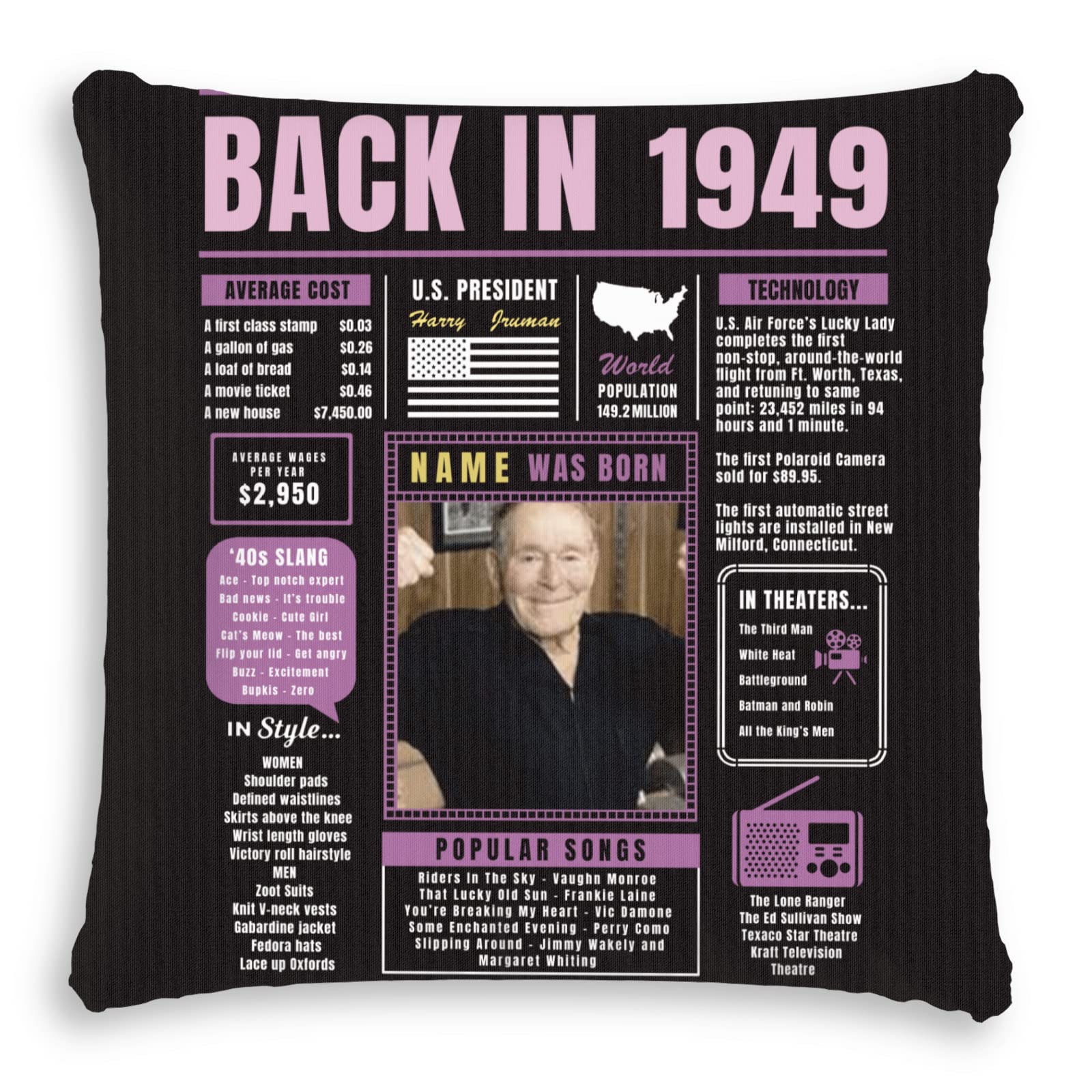 75th Birthday Party Decorations - Purple 75 Year Old Custom Throw Pillow with Super Soft Cover (1949 Vintage Theme) | Perfect Gift for Men, Women, Boys & Girls | Great for Sofa Decor, Anniversary Celebrations & Milestone Birthday Parties