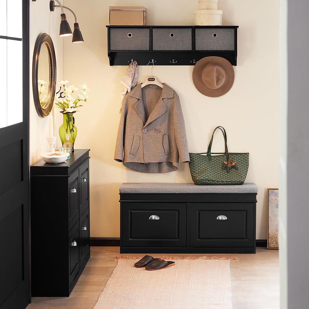 SoBuy Black Storage Shoe Bench with 2 Flip Drawers - Hidden Shoe Cabinet & Free Standing Shoe Rack - Hallway Entryway Storage Bench with Seat Cushion (FSR64-SCH) - Perfect for Small Spaces, Mudrooms & Closet Organization