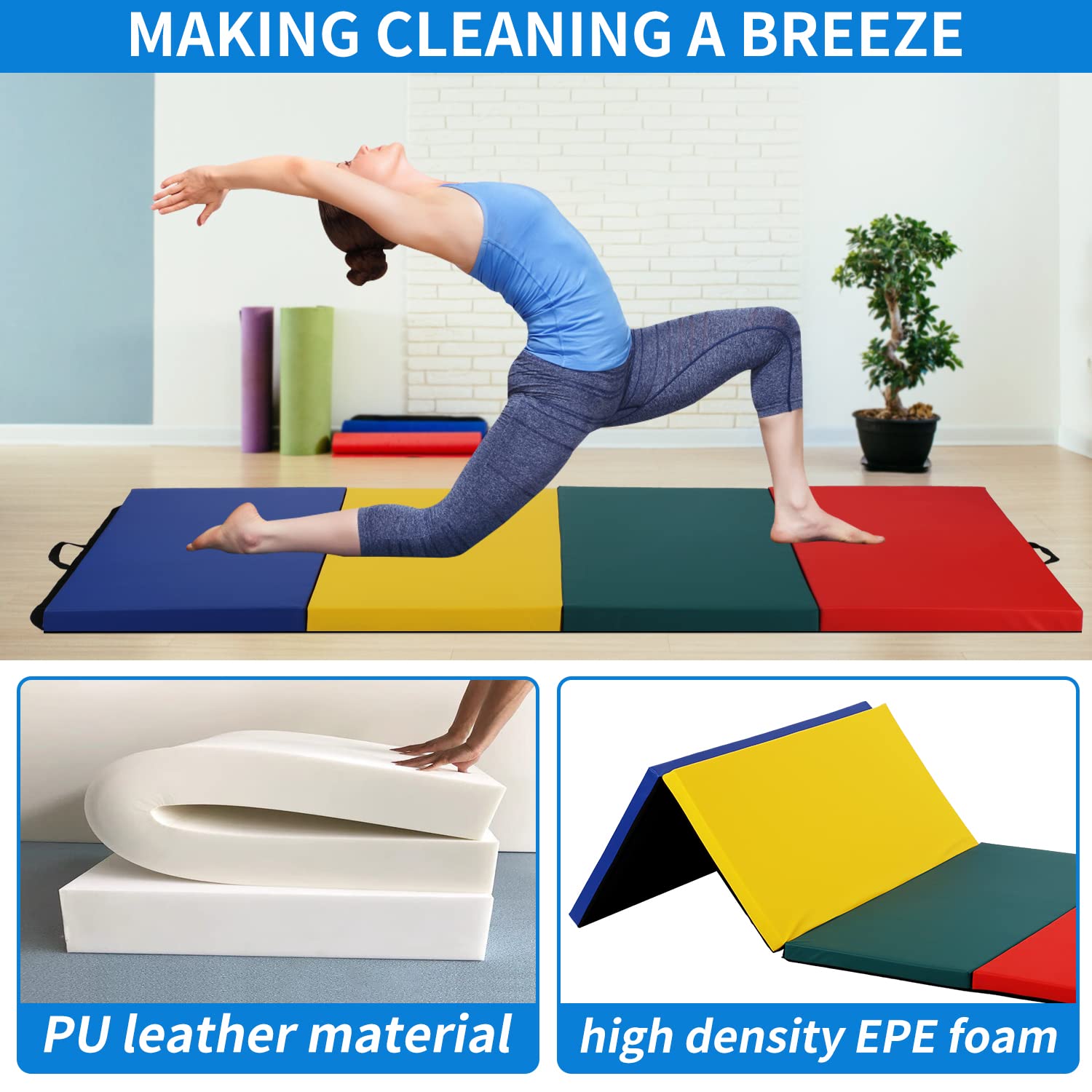 BLKMTY 4-Fold Gymnastics Mat - Thick Tumbling Exercise Mat for Indoor/Outdoor Yoga, Aerobics, Home Workout - Non-Slip Gym Floor Mat with Carry Handle - Perfect for Gymnastics Training, Fitness Routines & Kids Play Area