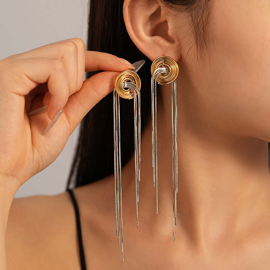 Vintage 2-Tone Metallic Spiral Tassel Long Chain Earrings for Women | HE22452 | Boho Chic Jewelry for Parties, Weddings & Date Nights