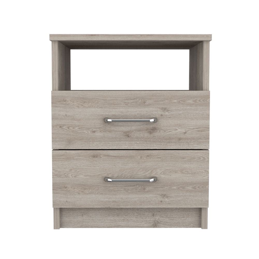 Modern Light Gray Oklahoma Nightstand with 2 Drawers & Open Shelf - Sturdy Metal Handles for Bedroom, Living Room, or Office Storage