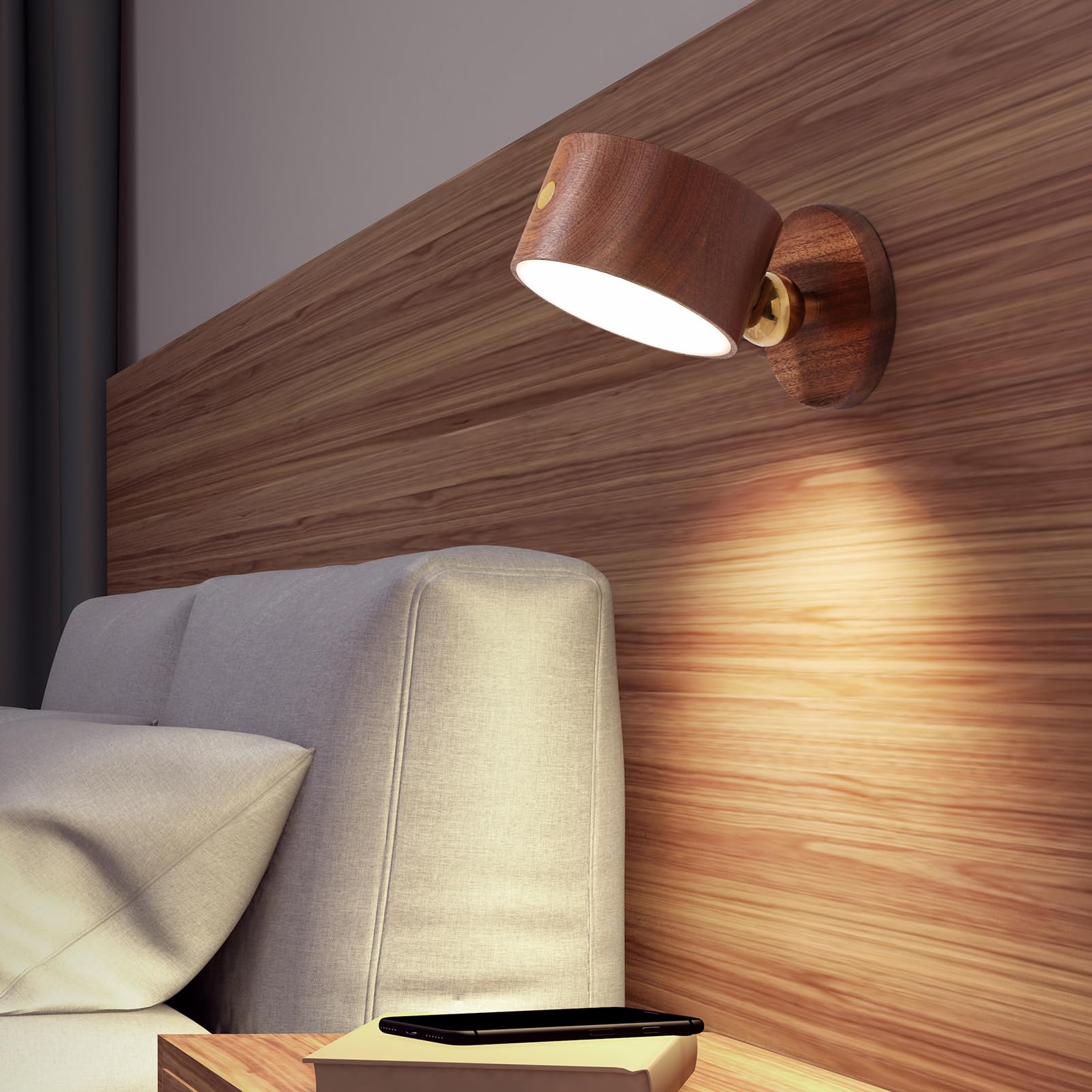 LANDGOO Rotatable USB Rechargeable Magnetic LED Wall Sconce - Dimmable Reading Light for Bedroom, Cabinet & Night Light | Battery Operated, Sapele Wood Finish, Modern Household Lighting
