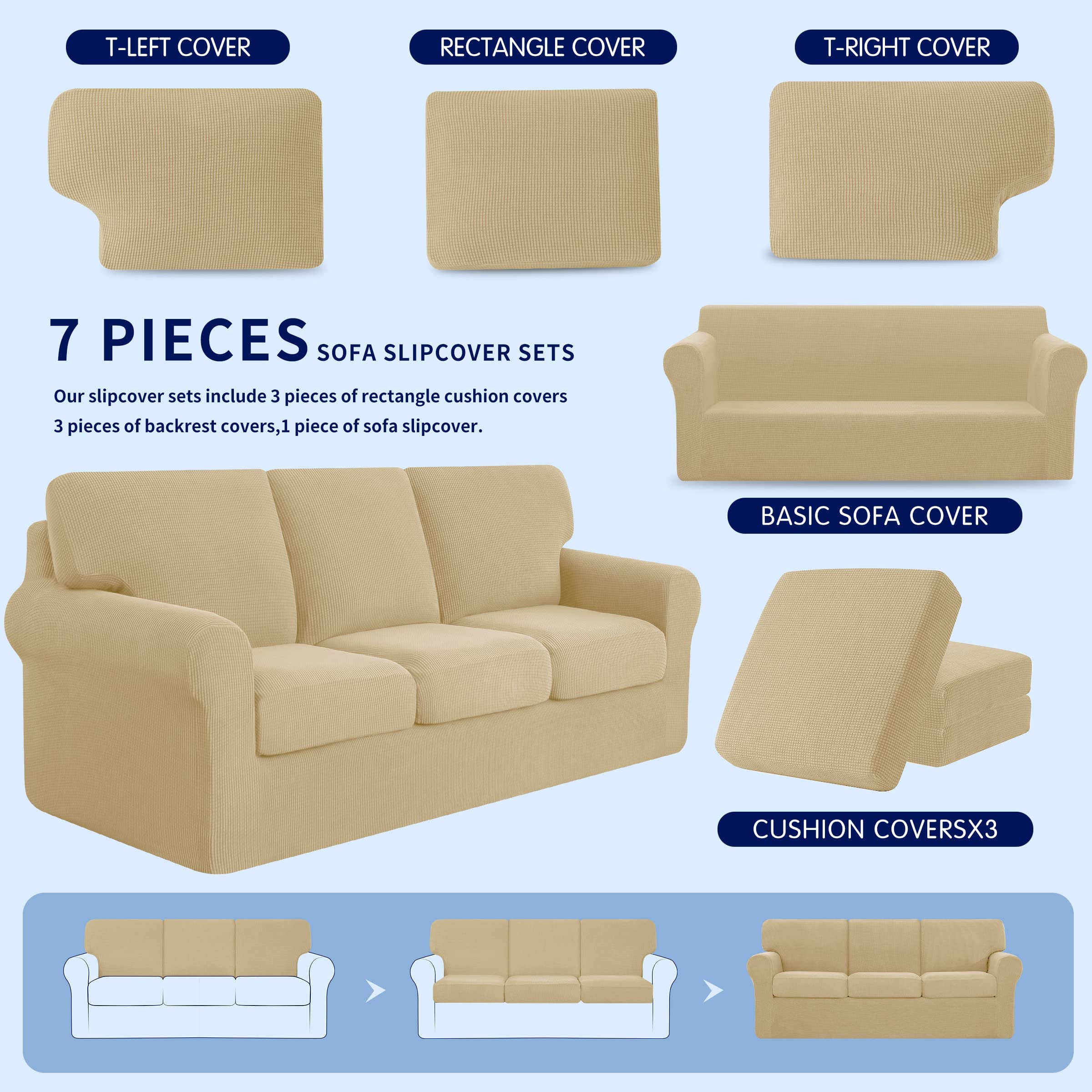 SUBRTEX 5-Piece Loveseat Cover & 7-Piece Sofa Cover Set - Stretchable Couch Slipcovers with Separate Backrest & Cushion Covers - Khaki Living Room Furniture Protector for Medium & Large Couches - Perfect for Home Decor, Pet Protection, and Daily Use