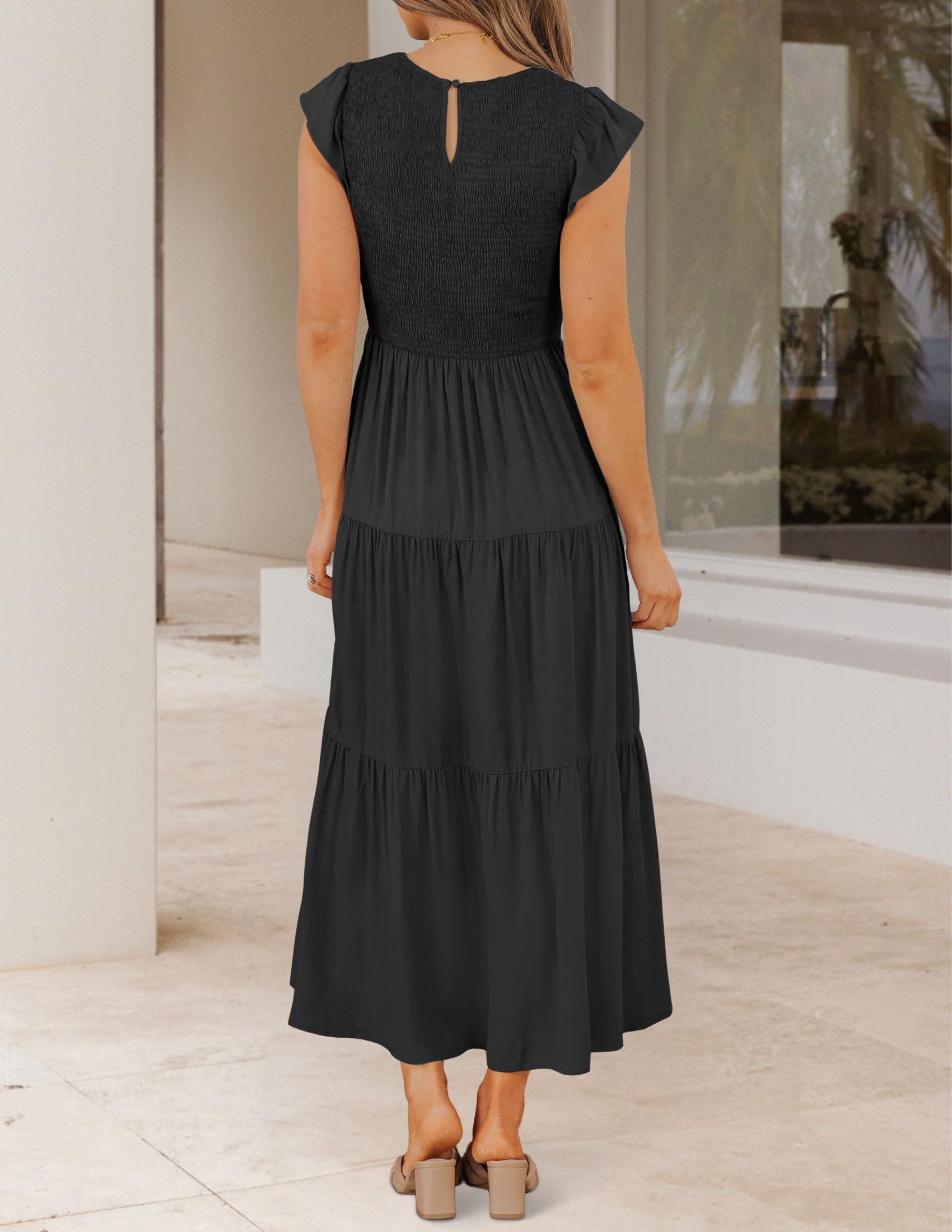 ZESICA Women's Summer 2025 Flutter Short Sleeve Smocked Waist Tiered Midi Dress - Casual Crew Neck Elastic Waist Dress for Beach, Vacation & Outdoor Parties
