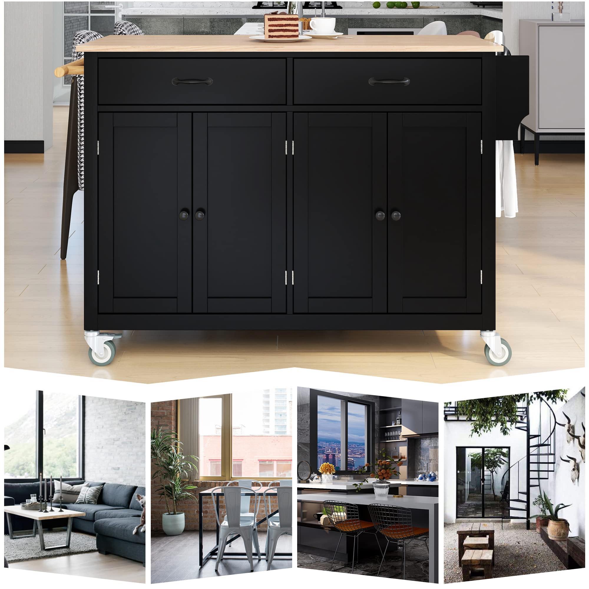 Solid Wood Kitchen Island Cart with Wheels & Storage - 54.3