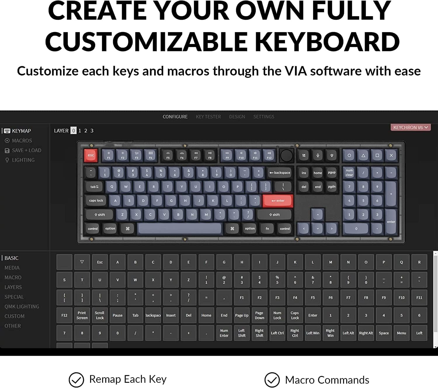 Keychron V6 100% Layout Custom Mechanical Keyboard - Wired RGB Backlit with Knob, 108 Keys QMK/VIA Programmable, Hot-Swappable K Pro Red Switches, PBT Keycaps for Mac & Windows (Frosted Black) - Perfect for Gaming, Coding & Office Work